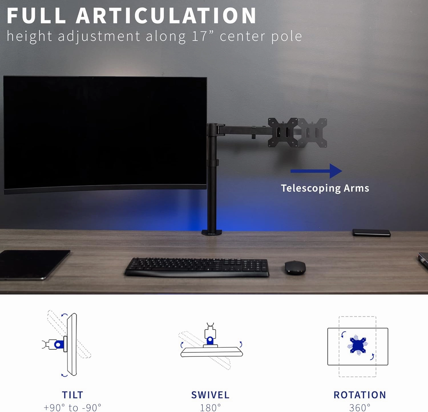 VIVO Dual LCD LED 21 to 32 inch Monitor Desk Mount, Heavy Duty, Adjustable Telescoping Arms, Flush Wall Setup, Fits 2 Screens, Black, STAND-V002E