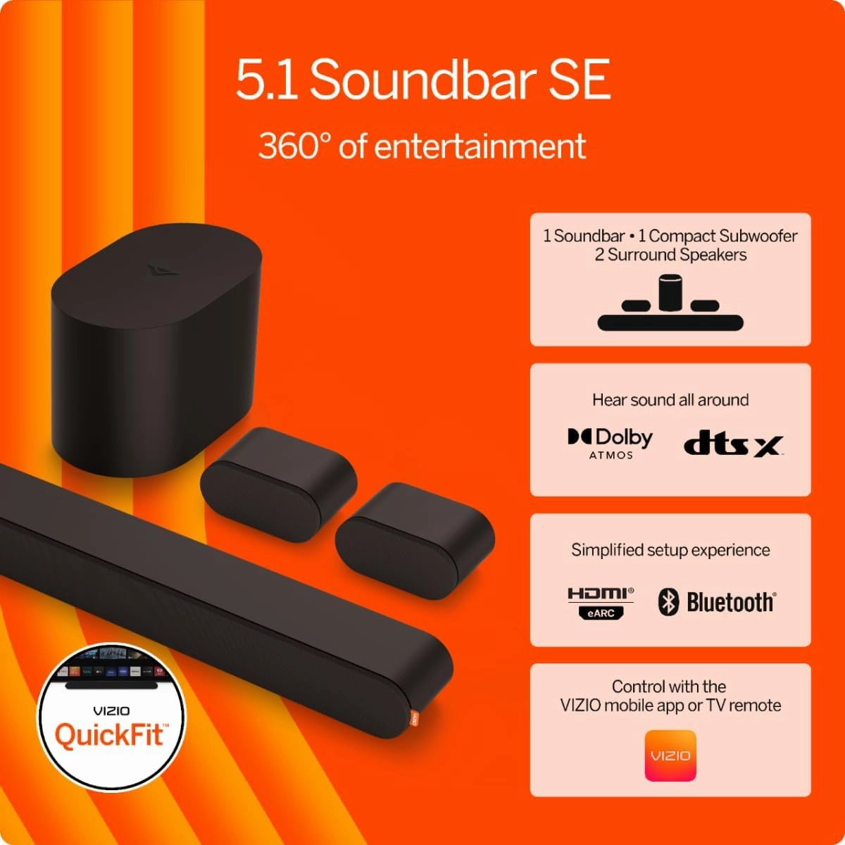 VIZIO 5.1 Soundbar SE, Wireless Subwoofer, Surround Sound w/Dolby Atmos & DTS:X, Bluetooth Speaker, QuickFit Compatible  SV510X-08 (New, 2024 Model)