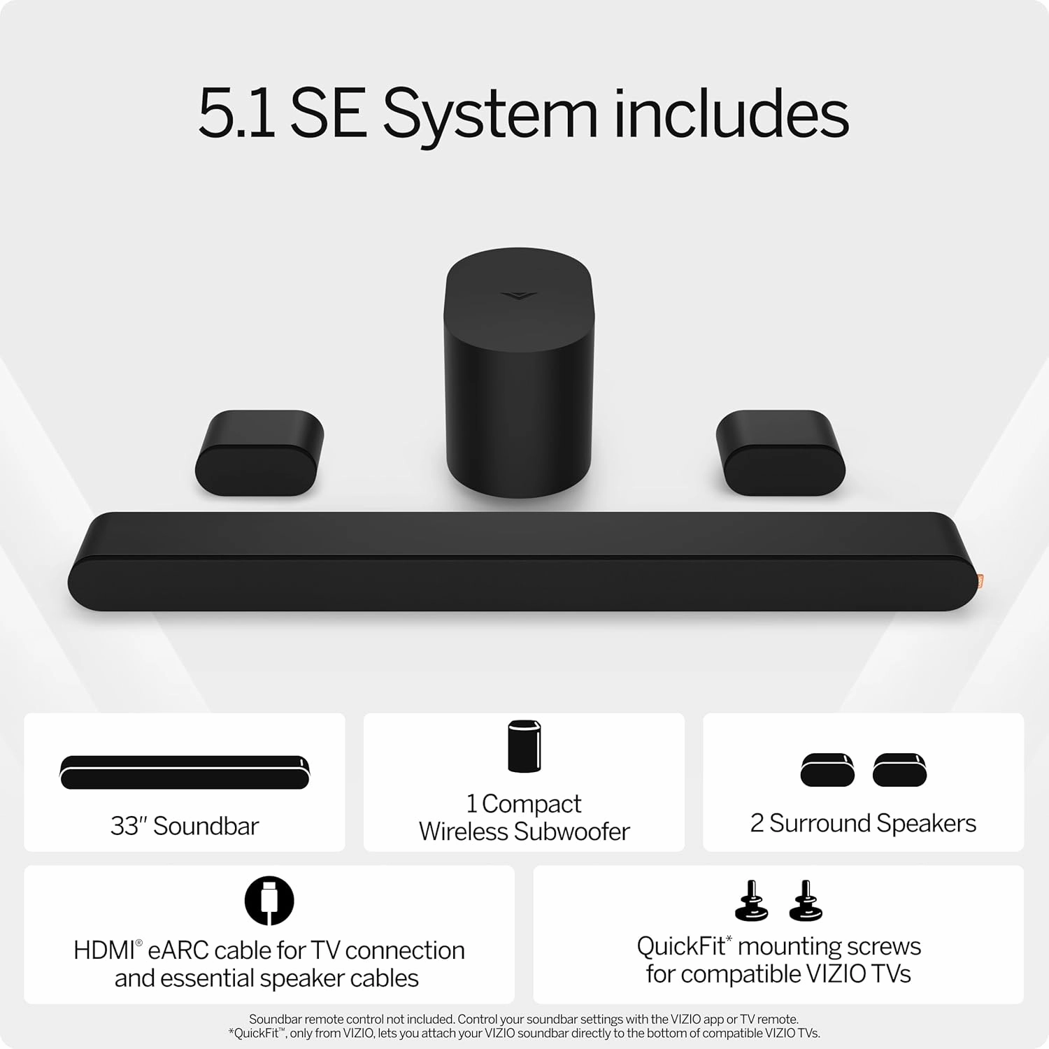 VIZIO 5.1 Soundbar SE, Wireless Subwoofer, Surround Sound w/Dolby Atmos & DTS:X, Bluetooth Speaker, QuickFit Compatible  SV510X-08 (New, 2024 Model)