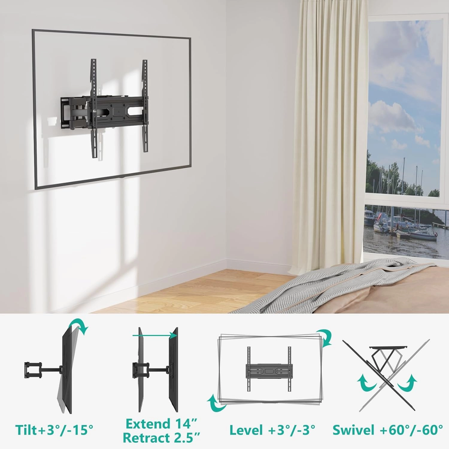 WALI Full Motion TV Wall Mount for Most 32-70 inch Flat Curved TVs, Swivel Extension Tilting Leveling TV Mount Bracket Max Mounting Holes 400x400mm, Holds up to 88 lbs & 12/16" Wood Studs