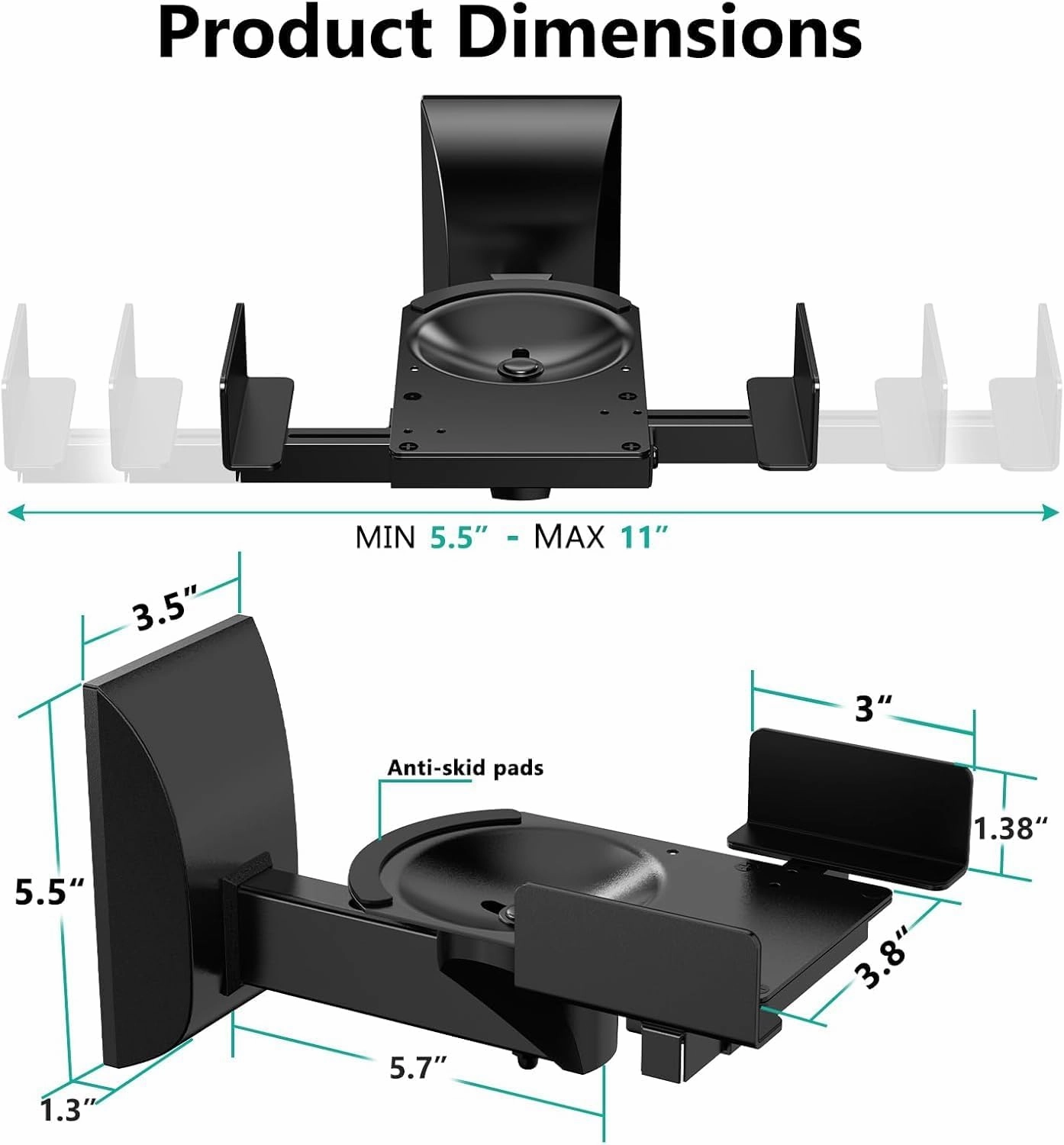 WALI Speaker Wall Mounts, Dual Side Clamping Bookshelf Mounting Bracket for Large Surrounding Sound Speakers, Hold up to 55 lbs. (SWM201), 1 Pair, Black