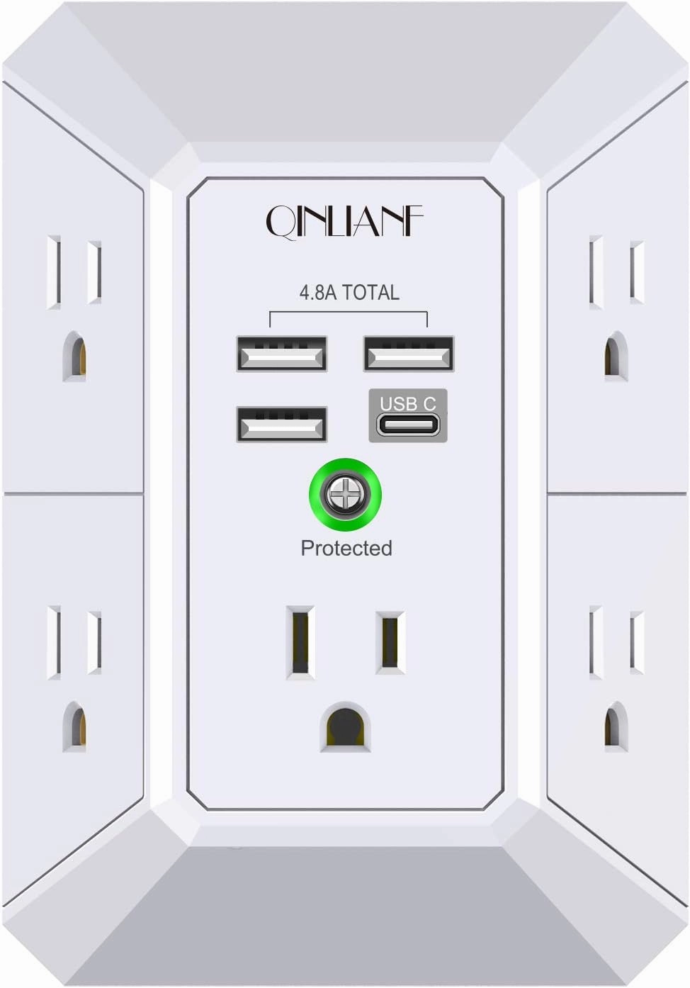 Wall Charger, Surge Protector, QINLIANF 5 Outlet Extender with 4 USB Charging Ports (4.8A Total) 3-Sided 1680J Power Strip Multi Plug Adapter Spaced for Home Travel Office (3U1C) power cord,hi-fi power cable,AC power lead,