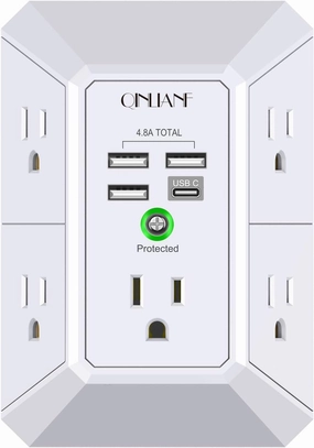 Wall Charger, Surge Protector, QINLIANF 5 Outlet Extender with 4 USB Charging Ports (4.8A Total) 3-Sided 1680J Power Strip Multi Plug Adapter Spaced for Home Travel Office (3U1C) power cord,hi-fi power cable,AC power lead,