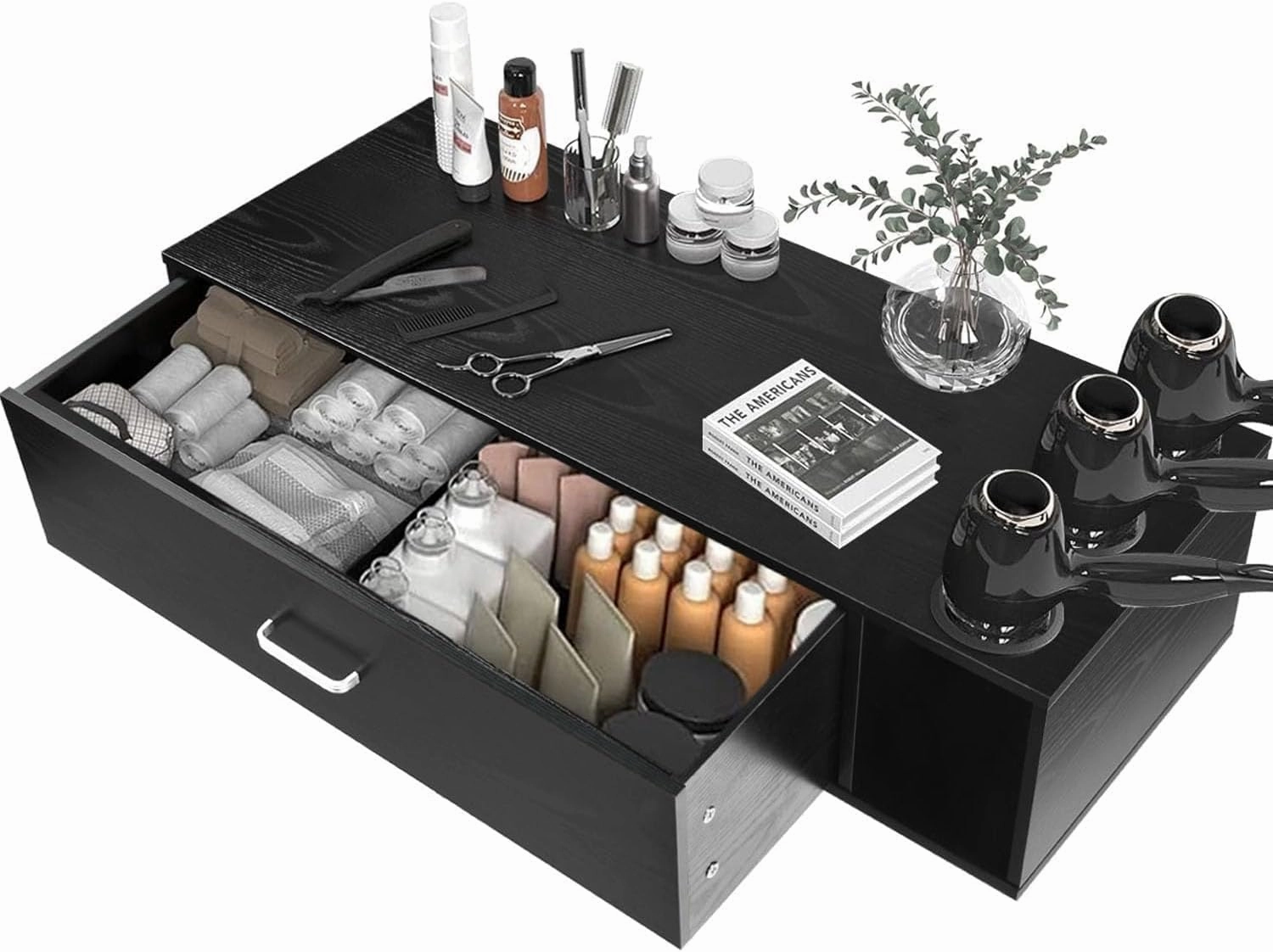 Wall Mount Salon Station, Beauty Salon Stations Equipment with Drawer, Hair Salon Station Cabinet with Side Open Space, Stylist Salon Stations Storage Cabinets with 3 Hair Dryer Holes, Black