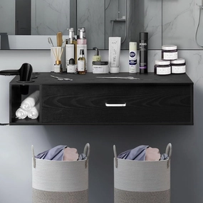 Wall Mount Salon Station, Beauty Salon Stations Equipment with Drawer, Hair Salon Station Cabinet with Side Open Space, Stylist Salon Stations Storage Cabinets with 3 Hair Dryer Holes, Black equipment cabinet,AV gear cabinet,component enclosure,