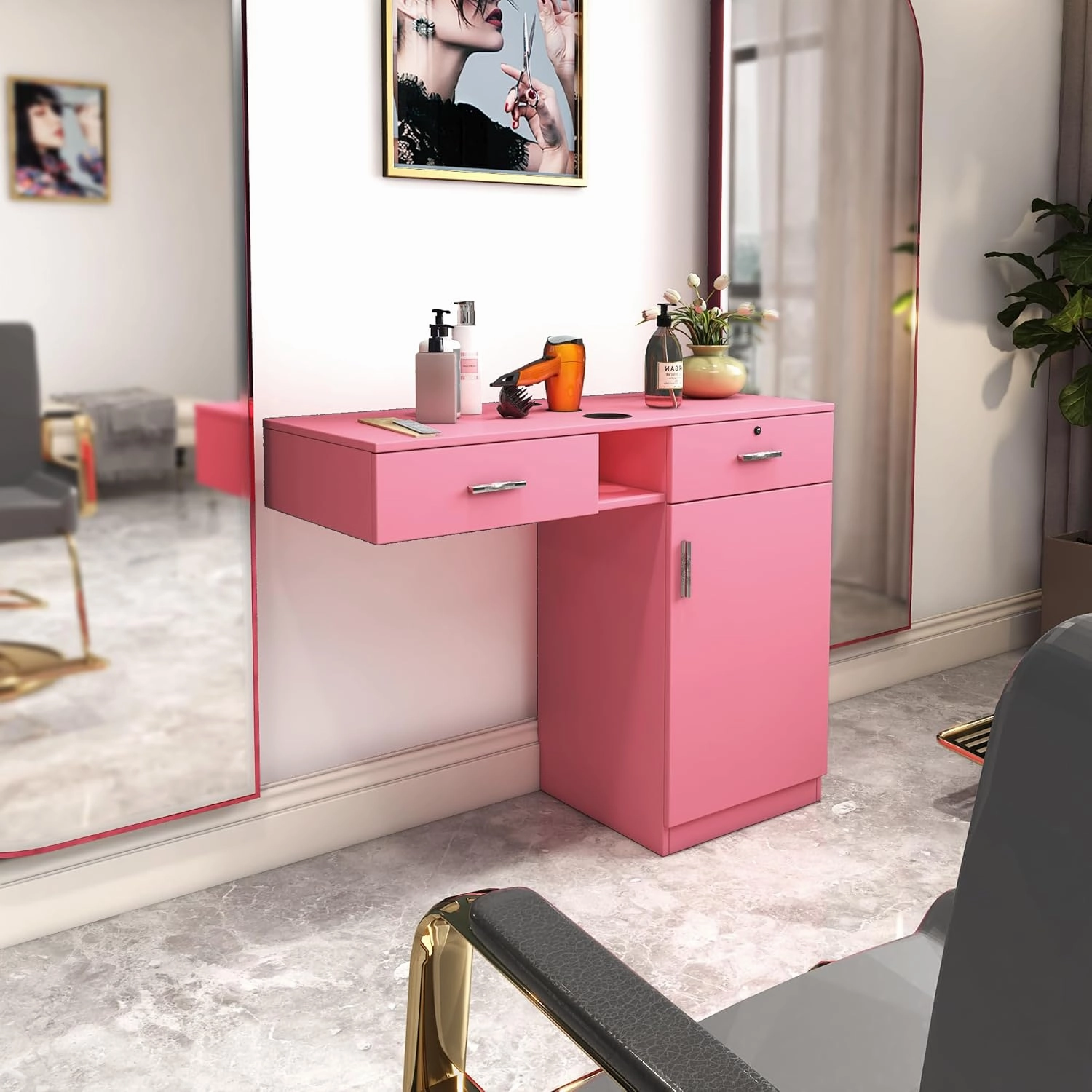 Wall Mounted Barber Shampoo Station Storage Cabinet Salon Beauty Spa Equipment for Barber Salon Shop (Barber Salon Styling Station - Pink)