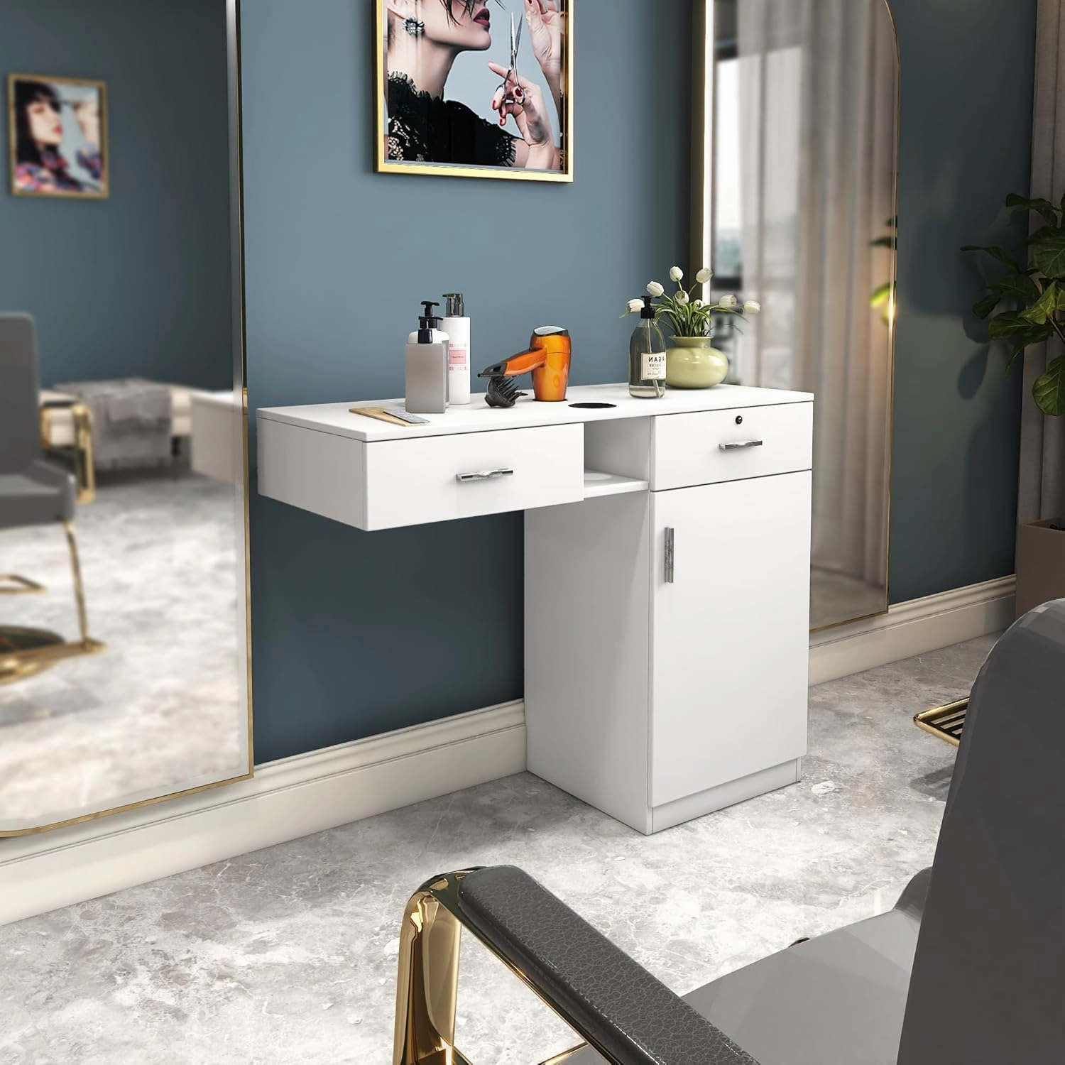 Wall Mounted Barber Shampoo Station Storage Cabinet Salon Beauty Spa Equipment for Barber Salon Shop (Barber Salon Styling Station - White)