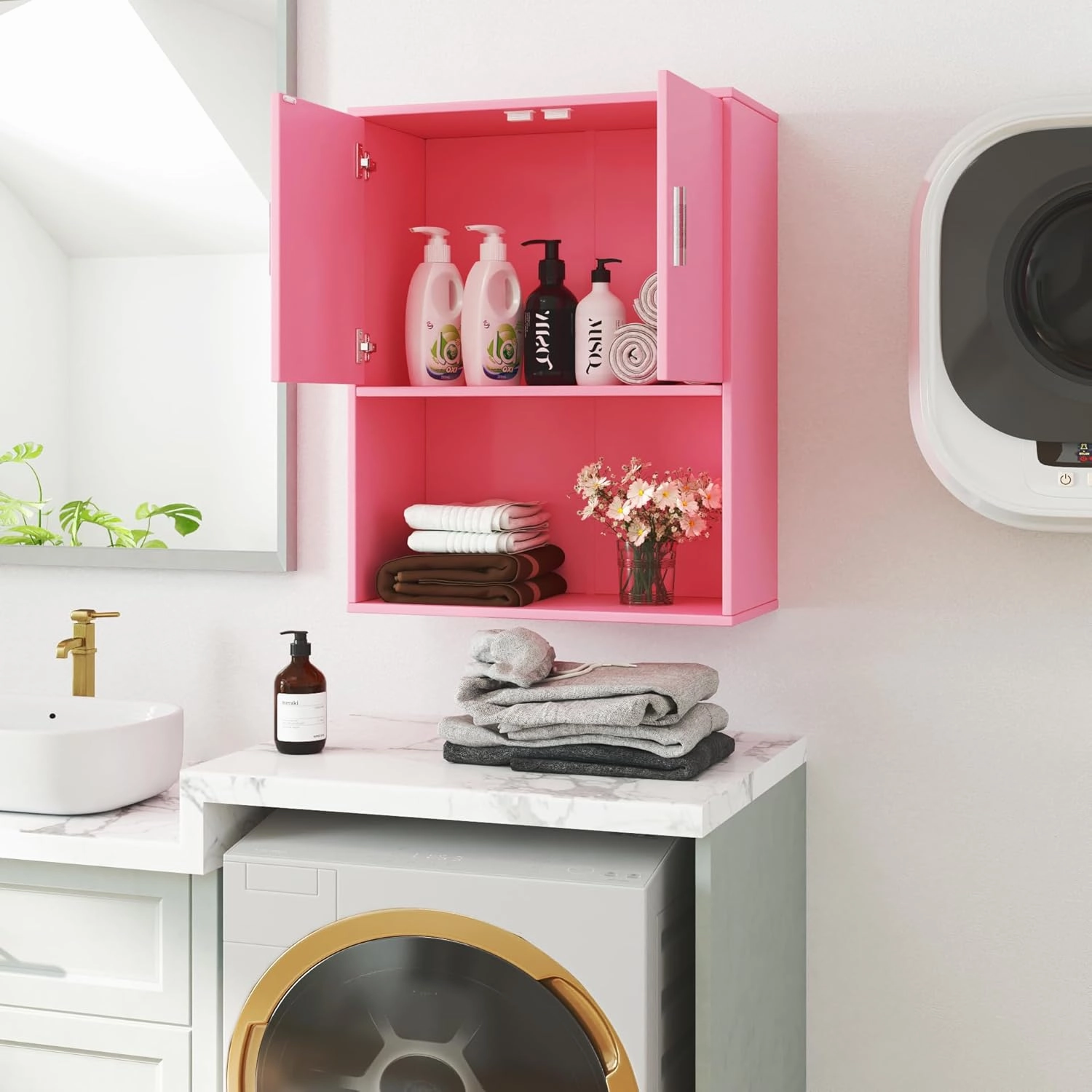 Wall Mounted Barber Shampoo Station Storage Cabinet Salon Beauty Spa Equipment for Barber Salon Shop (Pink)