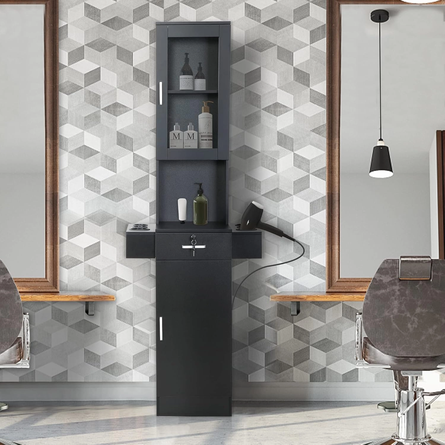 Wall Mounted Beauty Salon Cabinet Salon Barber Station, Beauty Hair Salon Spa Equipment Set 3-Tier Shelf, 6 Hair Dryer Holes, Storage Space Saving For Salon Spa, Barber Shop, Bathroom, Black