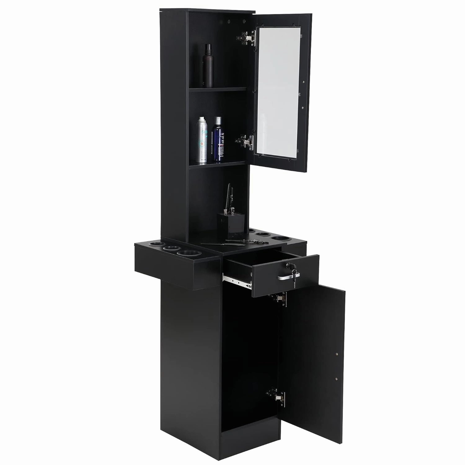 Wall Mounted Beauty Salon Cabinet Salon Barber Station, Beauty Hair Salon Spa Equipment Set 3-Tier Shelf, 6 Hair Dryer Holes, Storage Space Saving For Salon Spa, Barber Shop, Bathroom, Black