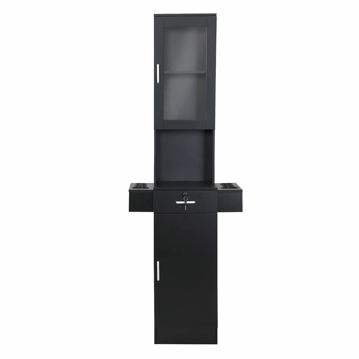 Wall Mounted Beauty Salon Cabinet Salon Barber Station, Beauty Hair Salon Spa Equipment Set 3-Tier Shelf, 6 Hair Dryer Holes, Storage Space Saving For Salon Spa, Barber Shop, Bathroom, Black equipment cabinet,AV gear cabinet,component enclosure,