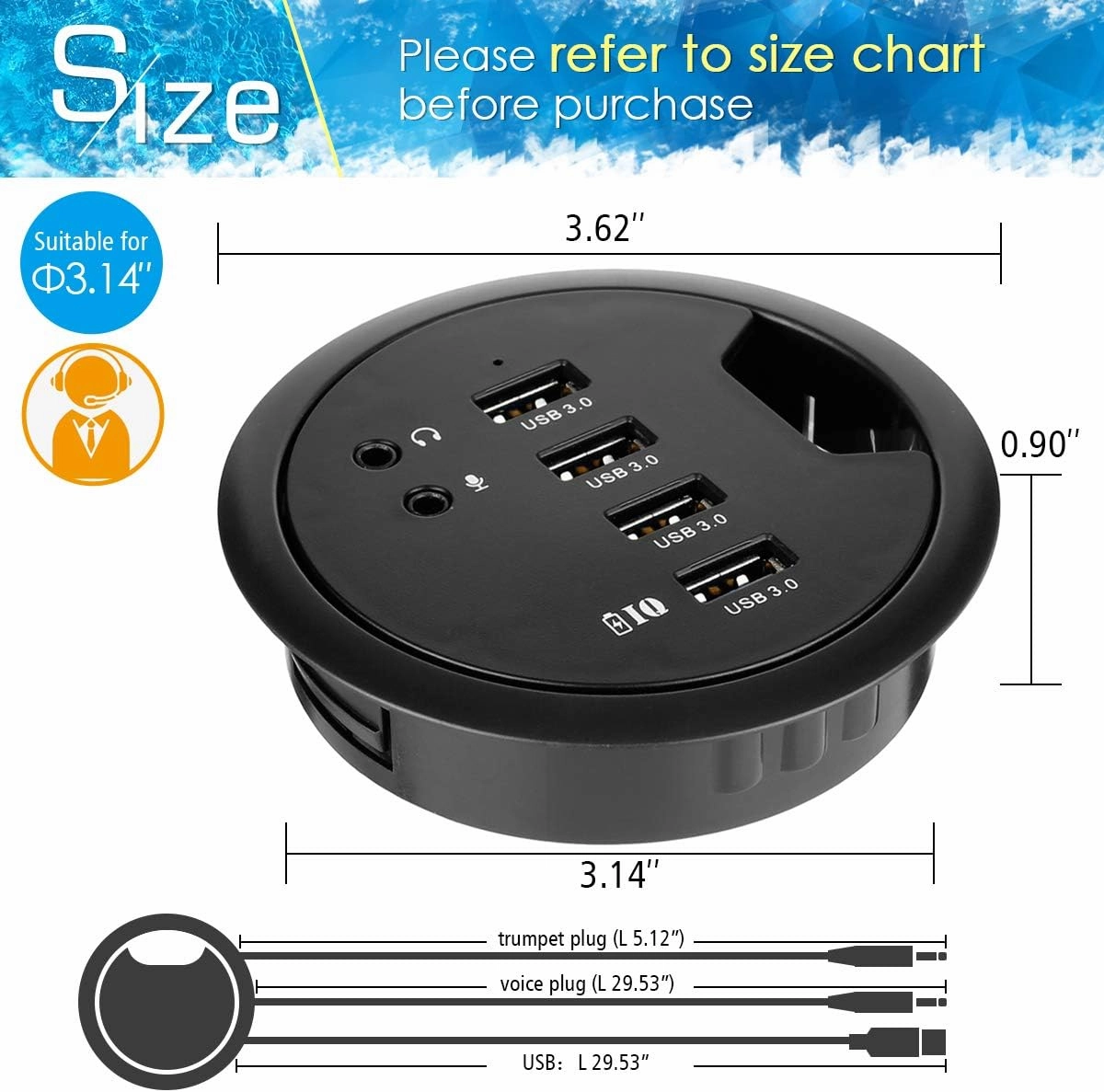 WDX Desk-Fit (Diameter 3.14" or 80MM) 4 Port USB 3.0 Hub with 3.5mm Audio Mic Phone Jack/BC 1.2 USB Charger, 5V/2A Power Adapter for iPhone/Smart Phones(usb3.0 4 Port)(AC Power Supply Included)