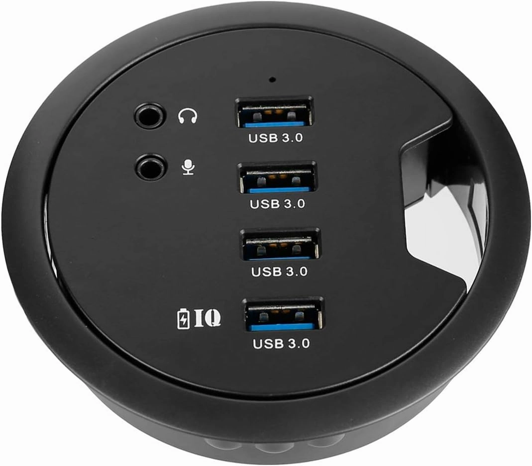 WDX Desk-Fit (Diameter 3.14" or 80MM) 4 Port USB 3.0 Hub with 3.5mm Audio Mic Phone Jack/BC 1.2 USB Charger, 5V/2A Power Adapter for iPhone/Smart Phones(usb3.0 4 Port)(AC Power Supply Included) smart audio hub,voice control speaker,Alexa compatible au