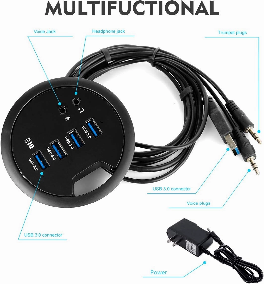WDX Desk-Fit (Diameter 3.14" or 80MM) 4 Port USB 3.0 Hub with 3.5mm Audio Mic Phone Jack/BC 1.2 USB Charger, 5V/2A Power Adapter for iPhone/Smart Phones(usb3.0 4 Port)(AC Power Supply Included)