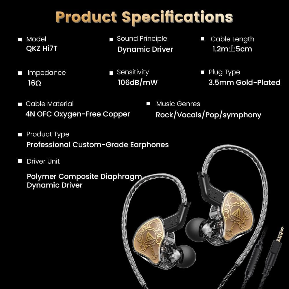 Wired Gaming Earbuds, QKZ Hi7T in Ear Monitor Headphones, Wired Earbuds Stereo Bass, HiFi IEM Earphone, Without Detachable Cables (with mic, Black)