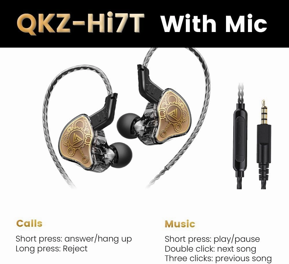 Wired Gaming Earbuds, QKZ Hi7T in Ear Monitor Headphones, Wired Earbuds Stereo Bass, HiFi IEM Earphone, Without Detachable Cables (with mic, Black)
