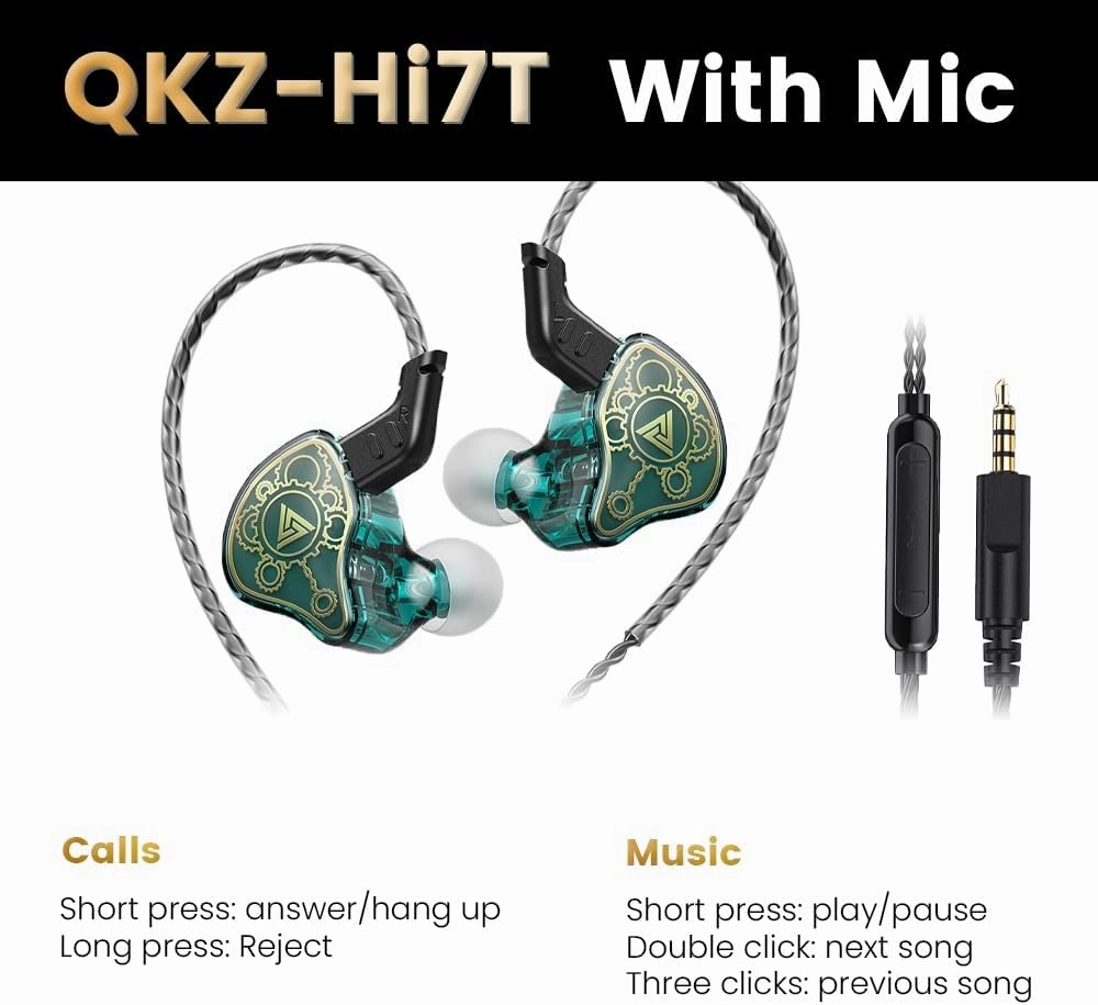 Wired Gaming Earbuds, QKZ Hi7T in Ear Monitor Headphones, Wired Earbuds Stereo Bass, HiFi IEM Earphone, Without Detachable Cables (with mic, Green)