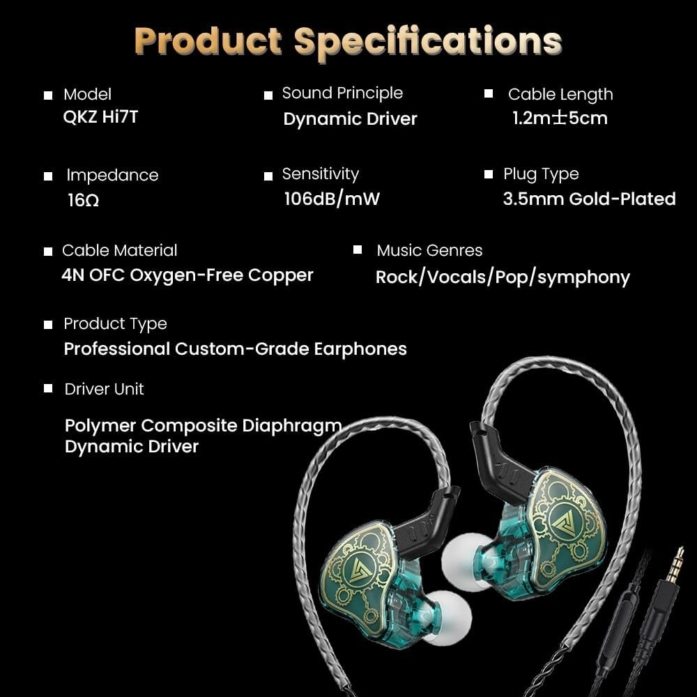 Wired Gaming Earbuds, QKZ Hi7T in Ear Monitor Headphones, Wired Earbuds Stereo Bass, HiFi IEM Earphone, Without Detachable Cables (with mic, Green)