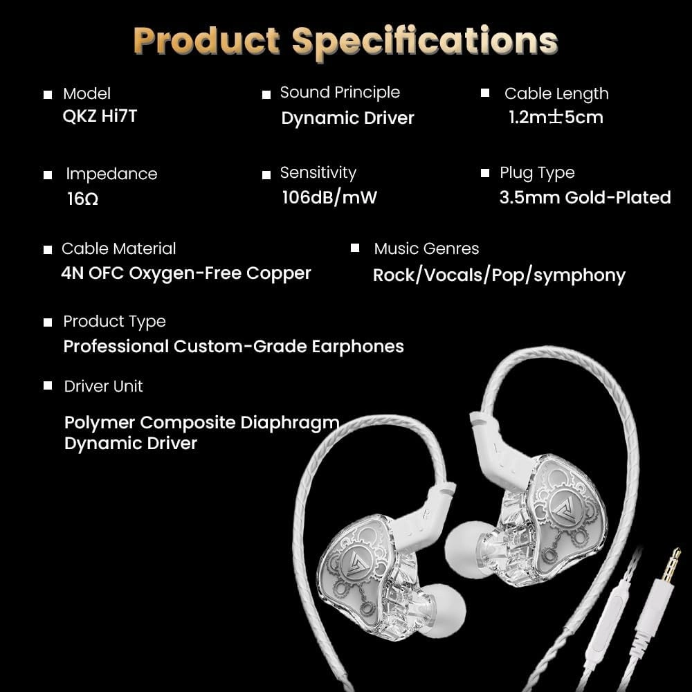 Wired Gaming Earbuds, QKZ Hi7T in Ear Monitor Headphones, Wired Earbuds Stereo Bass, HiFi IEM Earphone, Without Detachable Cables (with mic, White)