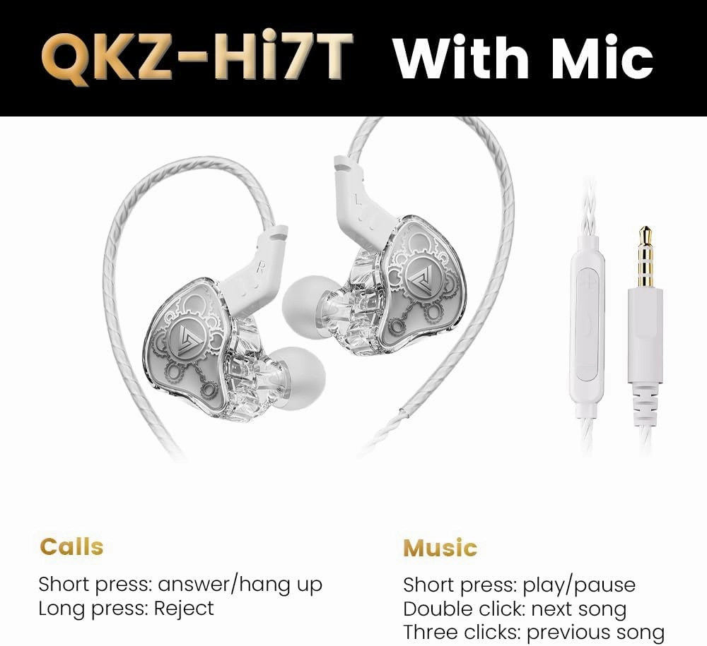 Wired Gaming Earbuds, QKZ Hi7T in Ear Monitor Headphones, Wired Earbuds Stereo Bass, HiFi IEM Earphone, Without Detachable Cables (with mic, White)