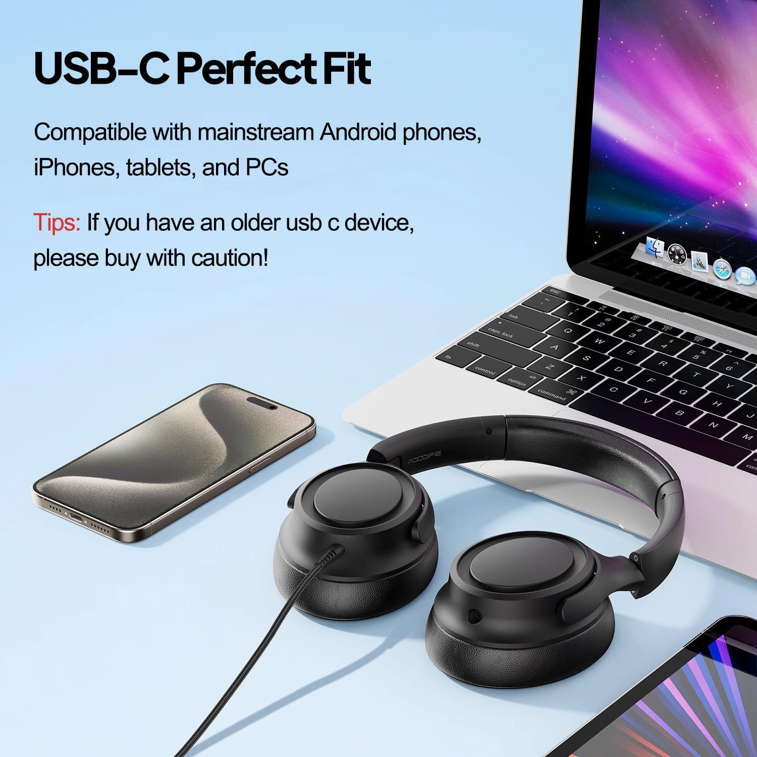 Wired Over-Ear Headphones with USB C Connector, Hi-Fi Stereo Sound, Noise-Isolating Ear Cups, Comfortable Fit for USB C Devices (Black)
