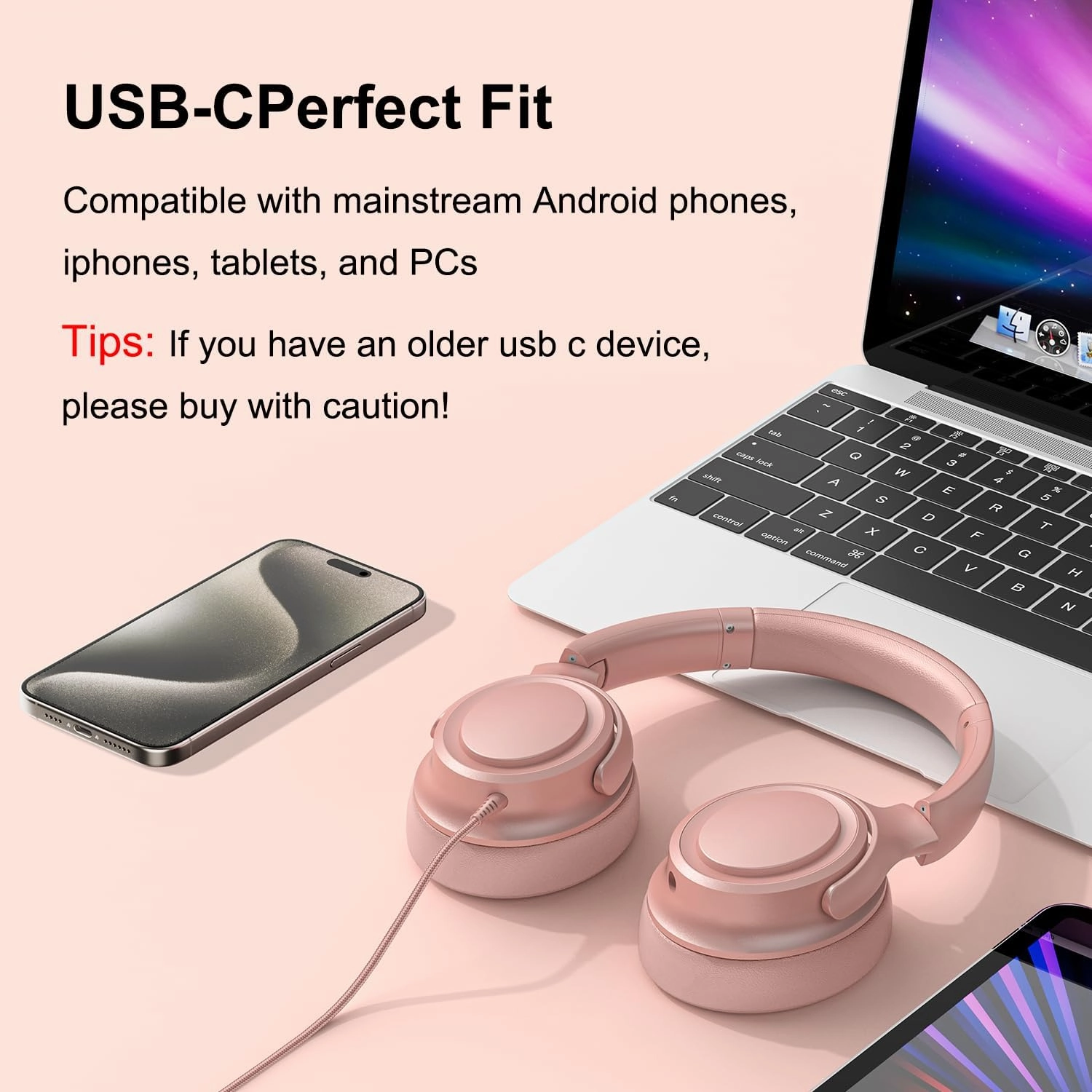 Wired Over-Ear Headphones with USB C Connector, Hi-Fi Stereo Sound, Noise-Isolating Ear Cups, Comfortable Fit for USB C Devices (Gold)