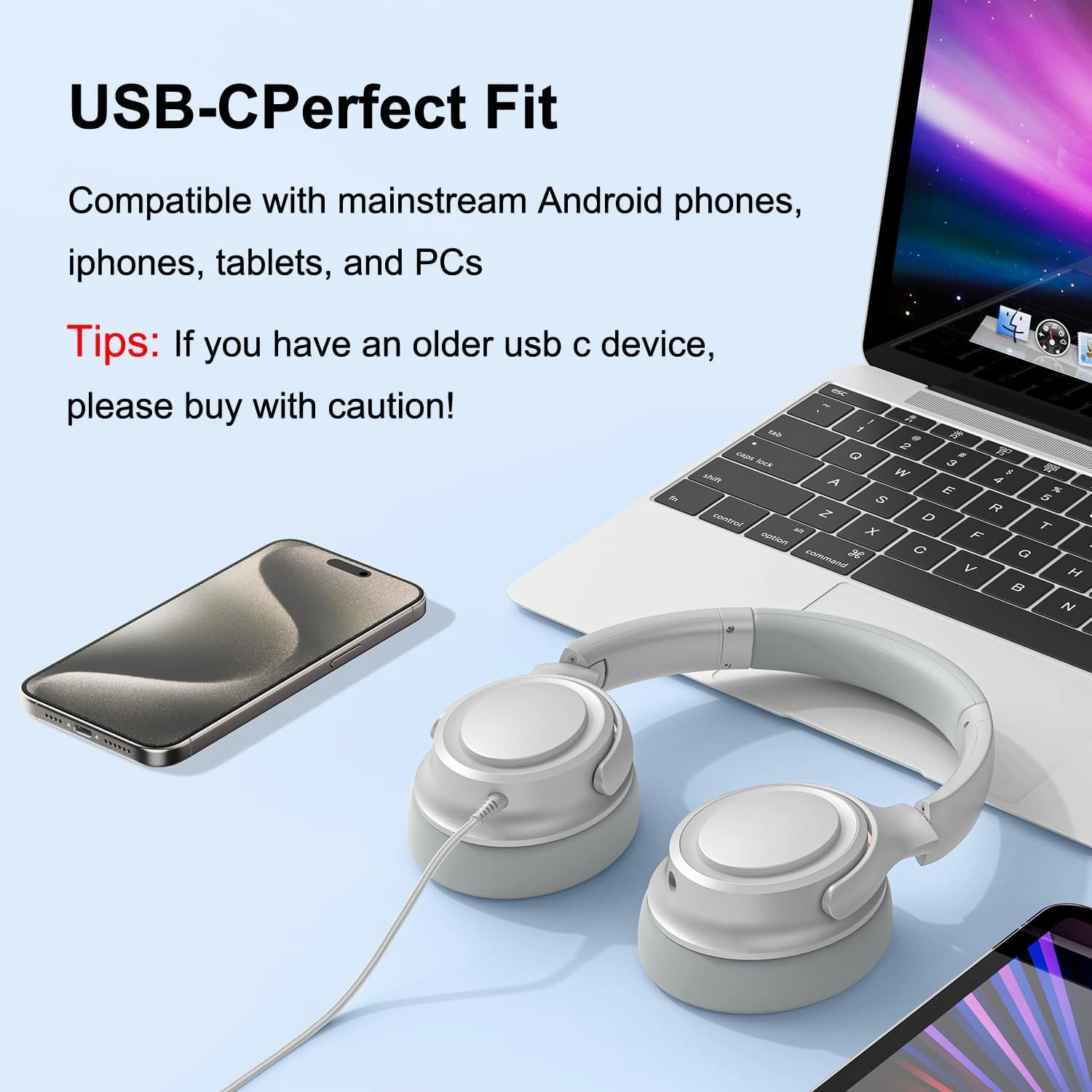 Wired Over-Ear Headphones with USB C Connector, Hi-Fi Stereo Sound, Noise-Isolating Ear Cups, Comfortable Fit for USB C Devices (Silver)