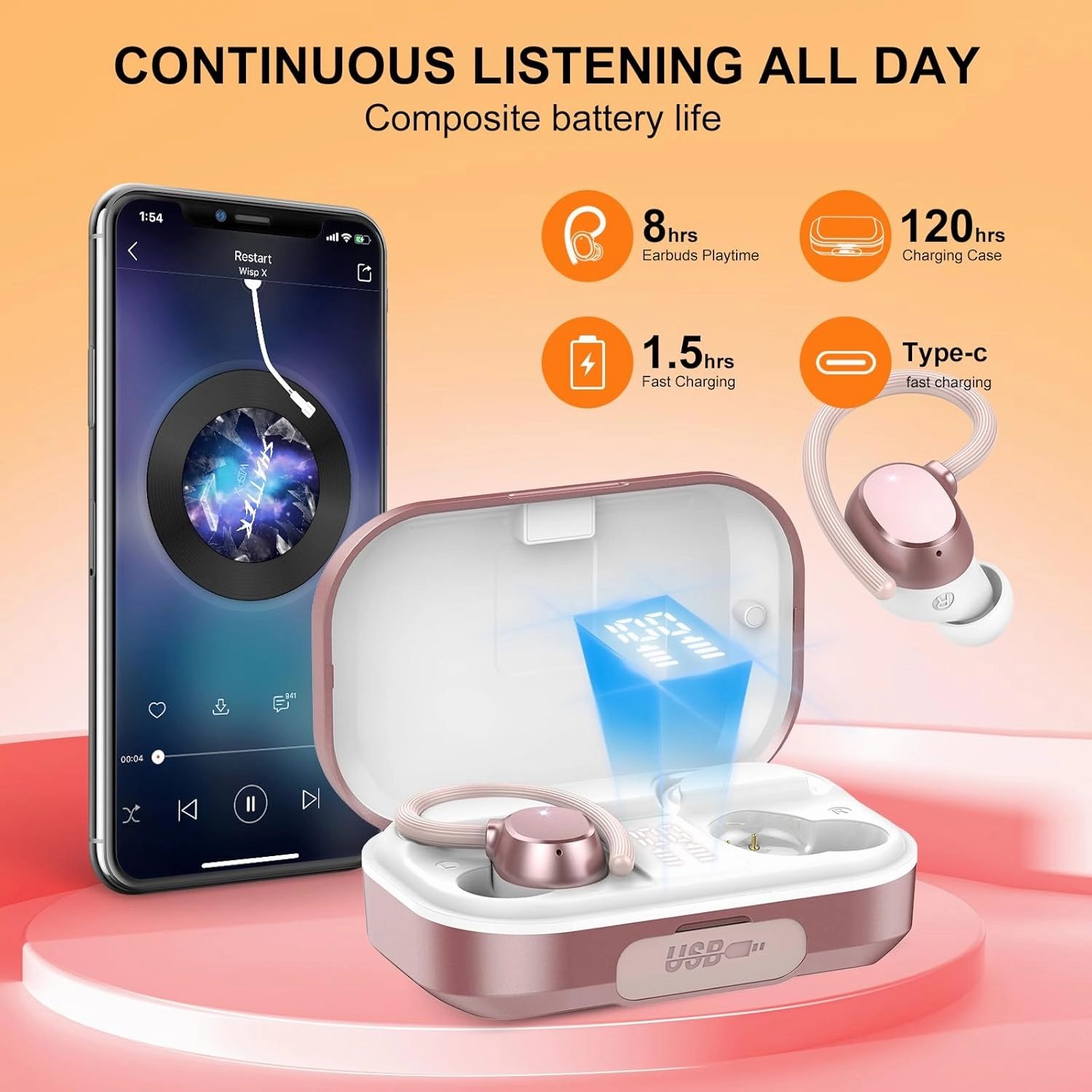 Wireless Bluetooth Earbuds - 120hrs Playtime, HiFi Stereo Sound, Deep Bass, HD Mic, Waterproof (IP7), Dual LED Display, USB-C, Perfect for Running & Sports