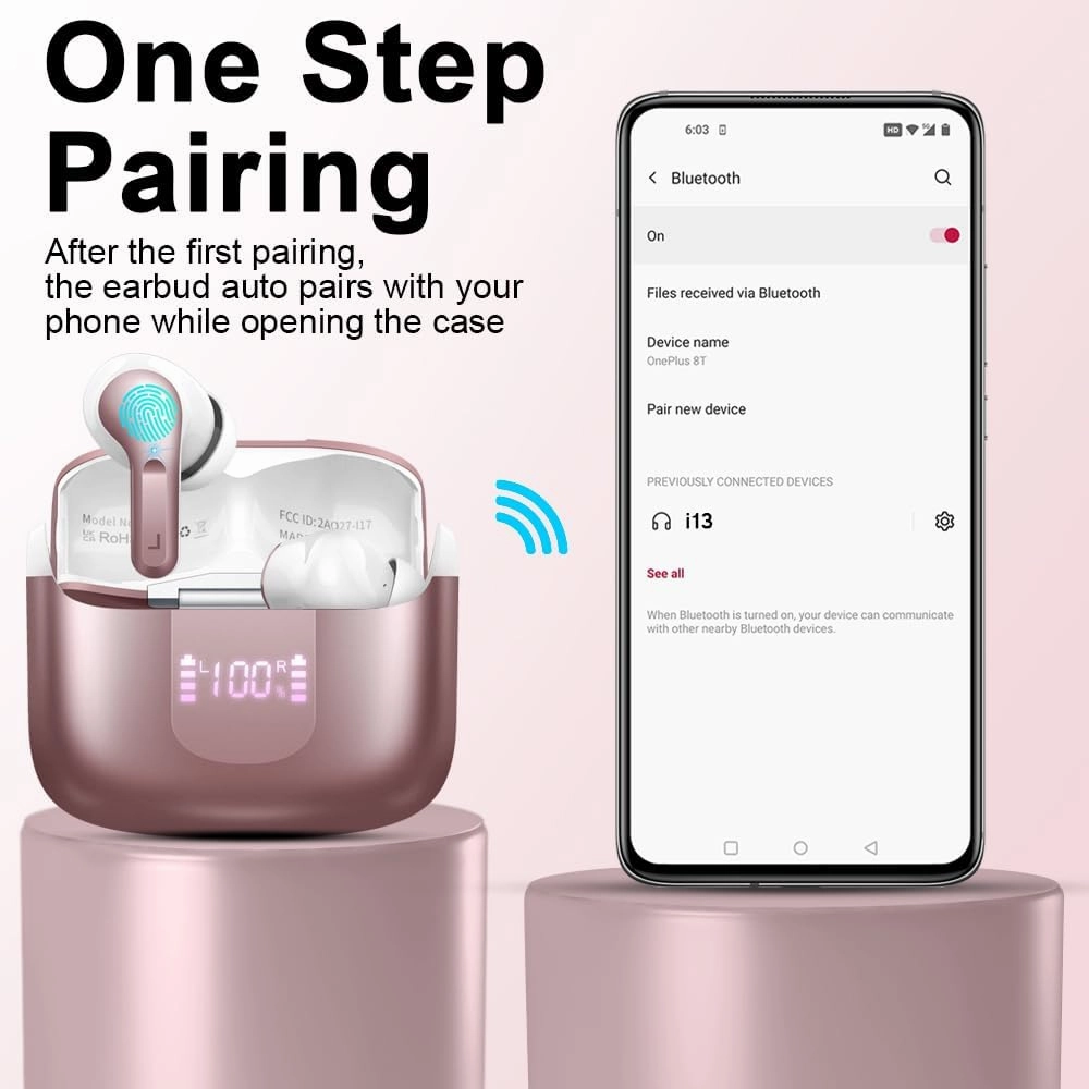 Wireless Bluetooth Headphones 5.3 NEW 40H Earbuds Bass Stereo Earphones Noise Cancelling with 4 ENC Mic, in-Ear Bluetooth Earbud USB-C LED Display IP7 Waterproof Sport for Android iOS