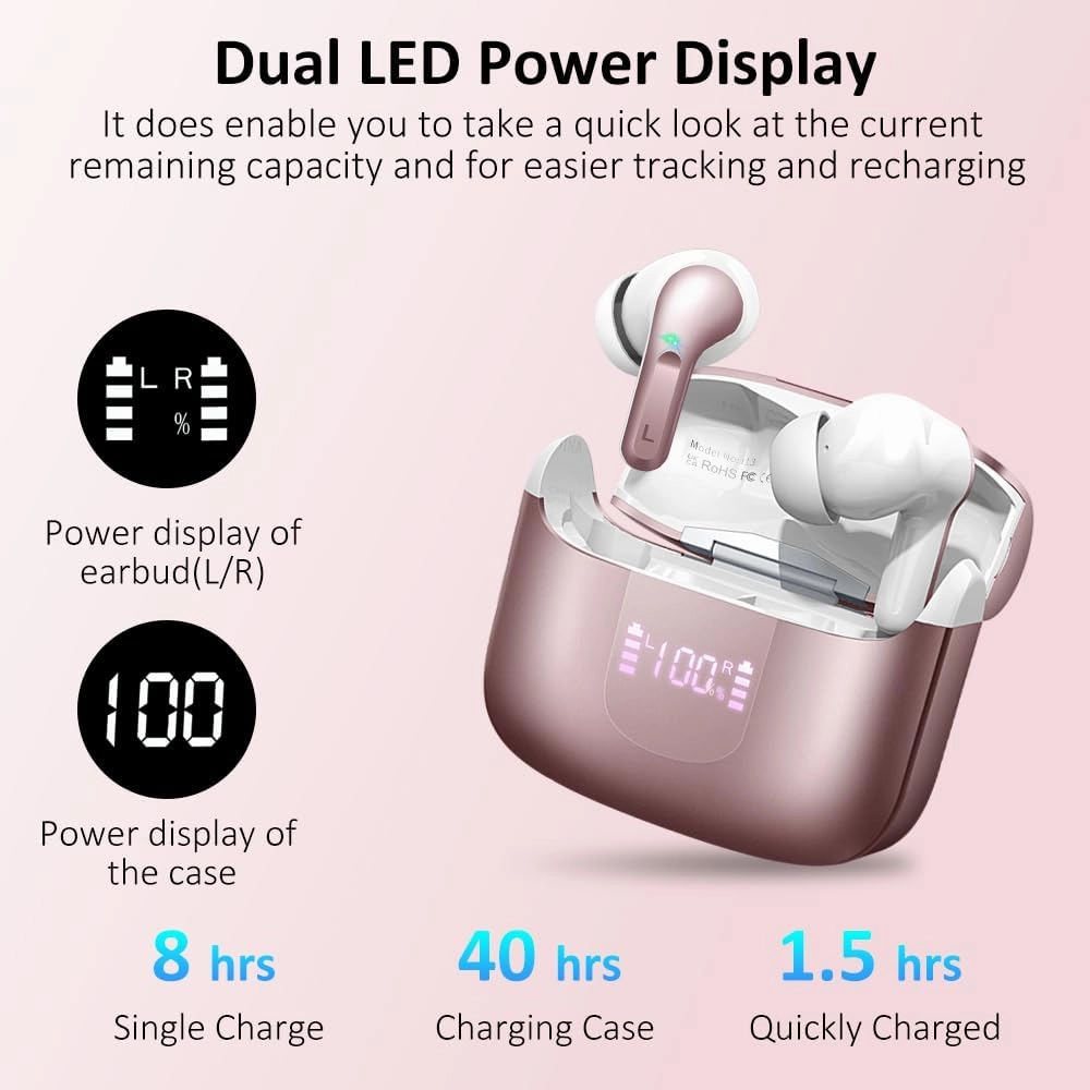 Wireless Bluetooth Headphones 5.3 NEW 40H Earbuds Bass Stereo Earphones Noise Cancelling with 4 ENC Mic, in-Ear Bluetooth Earbud USB-C LED Display IP7 Waterproof Sport for Android iOS