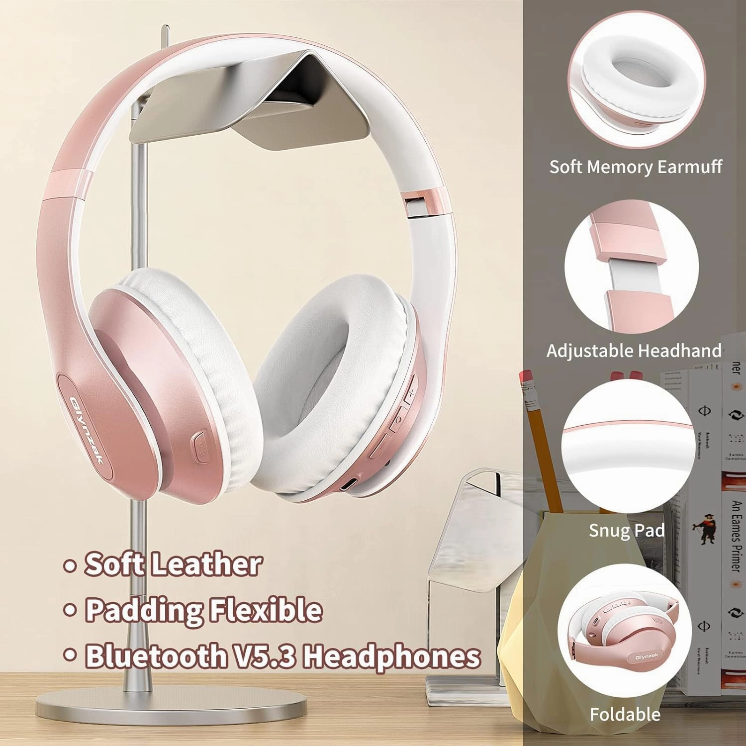 Wireless Bluetooth Headphones Over Ear 65H Playtime HiFi Stereo Headset with Microphone and 6EQ Modes Foldable Bluetooth V5.3 Headphones for Travel Smartphone Computer Laptop Rose Gold