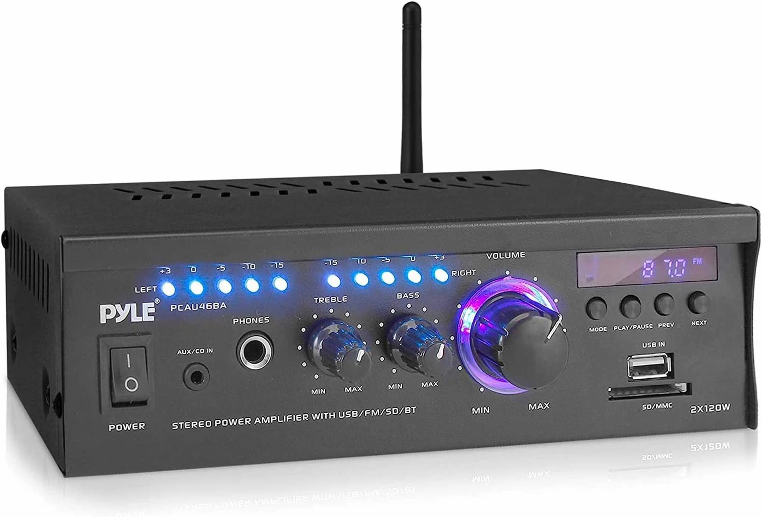 Wireless Bluetooth Home Stereo Amplifier - 2x120 Watt Power Amplifier Home Audio Bluetooth Receiver System w/Blue LED Display, AM/FM Radio, USB/SD, AUX, RCA, Headphone Jack - Remote - PCAU46BA power amplifier,stereo amp,hi-fi power amp,