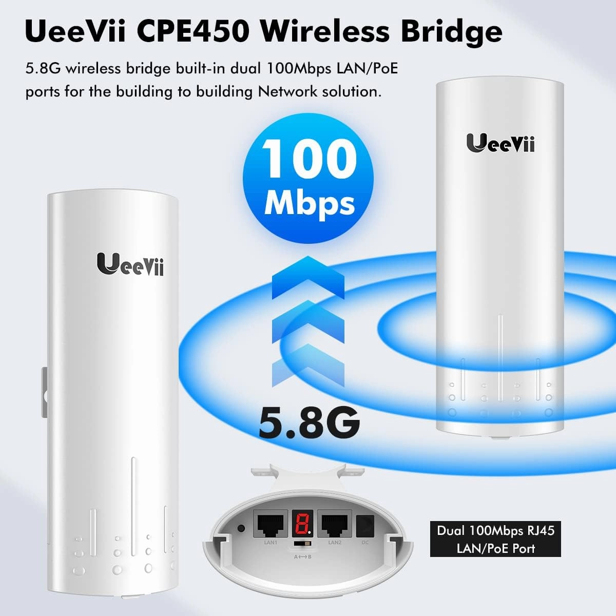 Wireless Bridge Point to Point Outdoor: UeeVii CPE450 5.8G 3Km Long Range Wi-Fi Bridge for Extend Network to Barn and Surveillance Range - Work with Starlink, 14dBi MIMO Antenna,48V POE Powered, 2pcs