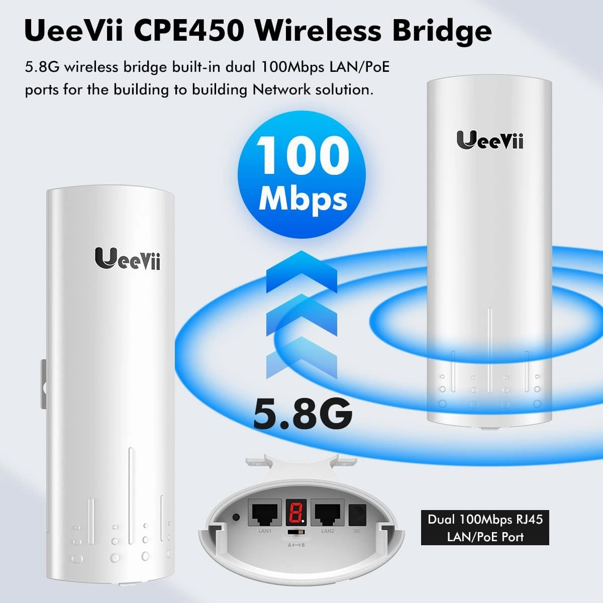 Wireless Bridge Point to Point Outdoor: UeeVii CPE450 5.8G 3Km Long Range Wi-Fi Bridge for Extend Network to Barn and Surveillance Range - Work with Starlink, 14dBi MIMO Antenna,48V POE Powered, 2pcs