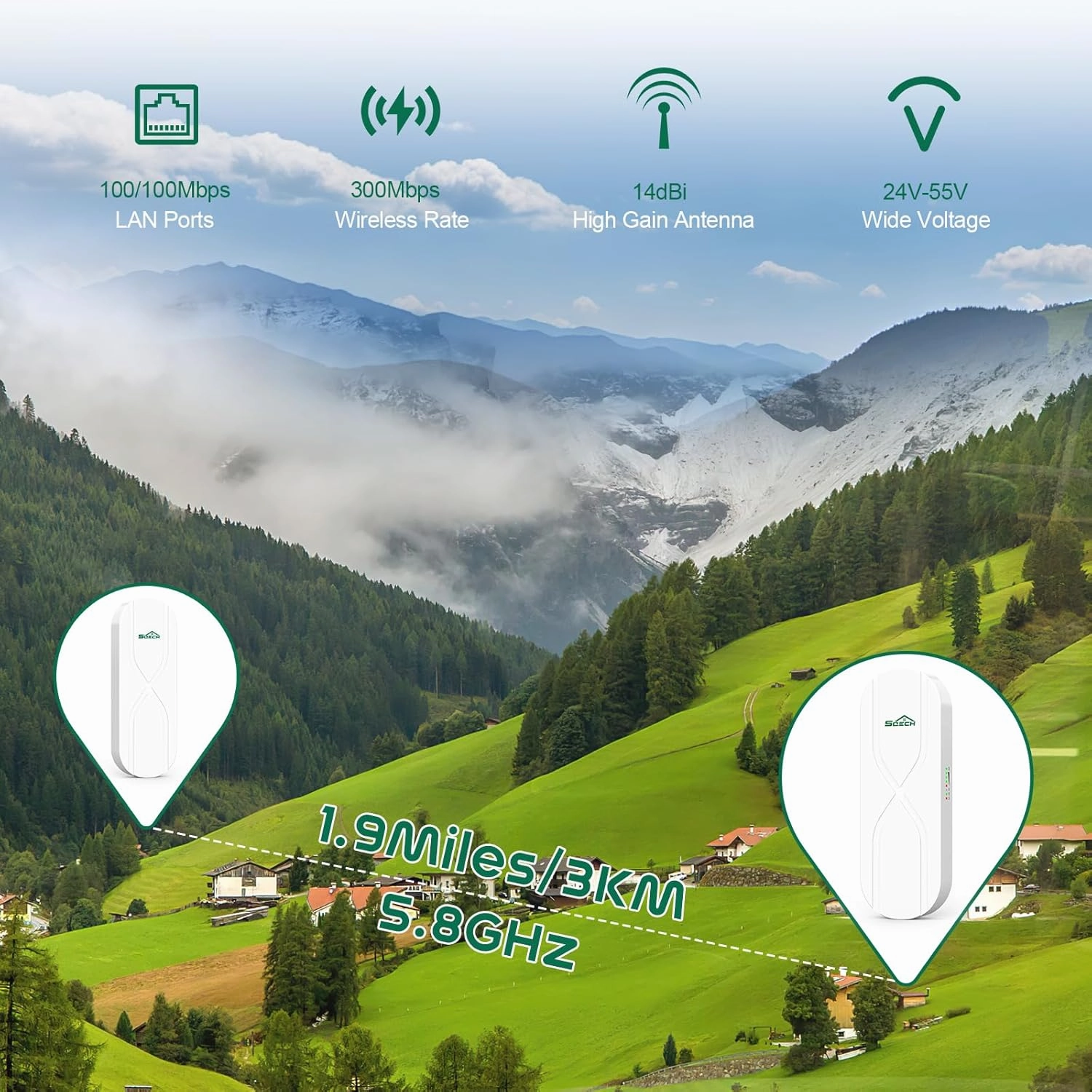 Wireless Bridge,SQECH WB503X-S Point to Point Wireless Bridge with 100/100Mbps LAN Ports, 3KM 5.8G WiFi Bridge for PTP/PTMP with 14dBi High Gain Antenna,24V-55V POE Power Supply,2 RJ45 LAN Port,2 Pack