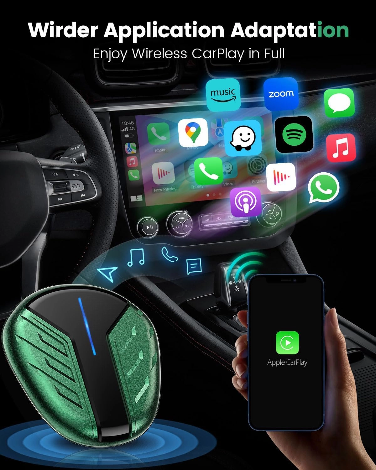 Wireless CarPlay Adapter for Apple - Converts Factory Wired CarPlay to Wireless, 2025 Upgrade Apple CarPlay Plug & Play, Compatible with Cars from 2017 Supports Apple iPhone iOS 10  Green