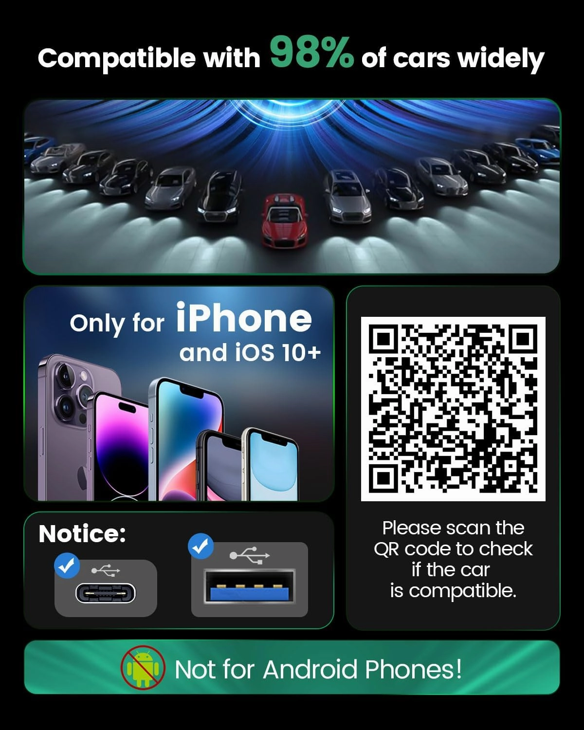 Wireless CarPlay Adapter for Apple - Converts Factory Wired CarPlay to Wireless, 2025 Upgrade Apple CarPlay Plug & Play, Compatible with Cars from 2017 Supports Apple iPhone iOS 10  Green