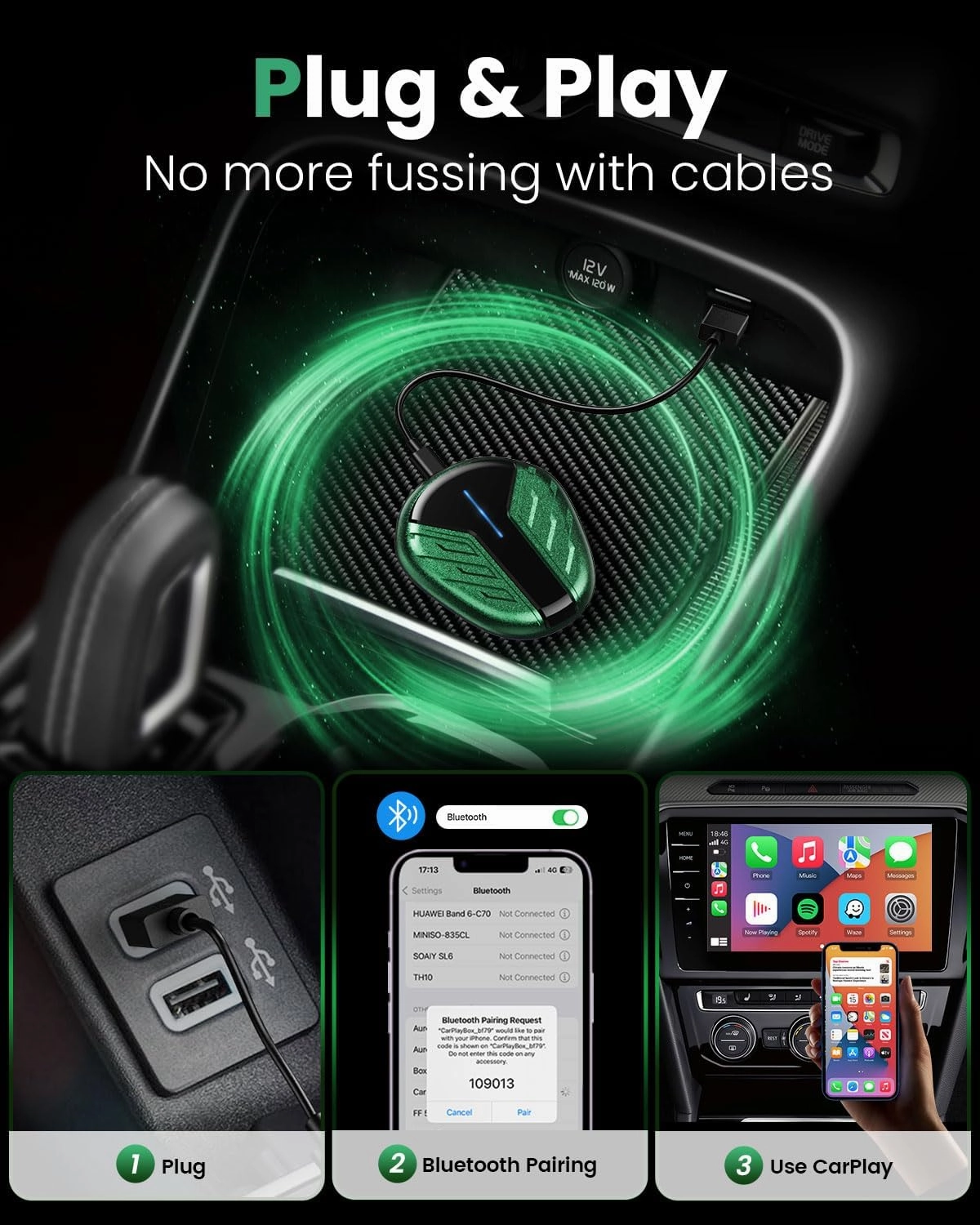 Wireless CarPlay Adapter for Apple - Converts Factory Wired CarPlay to Wireless, 2025 Upgrade Apple CarPlay Plug & Play, Compatible with Cars from 2017 Supports Apple iPhone iOS 10  Green