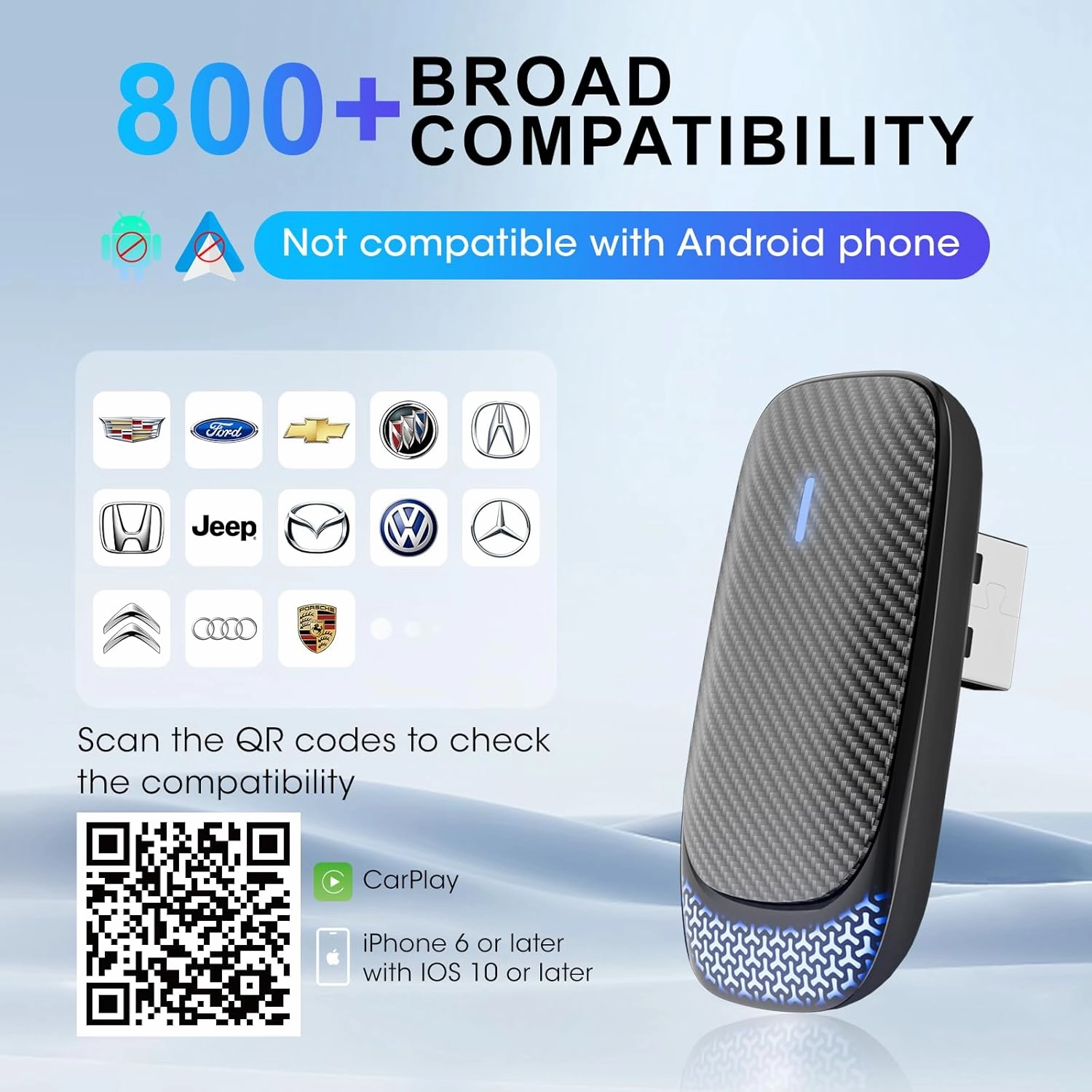 Wireless Carplay Adapter for iPhone, Convert Wired to Apple Carplay Wireless Adapter, Mini Size with Bluetooth 5.30 WiFi 2.4/5.8 GHz, Plug and Play, Connection Stable No Delay