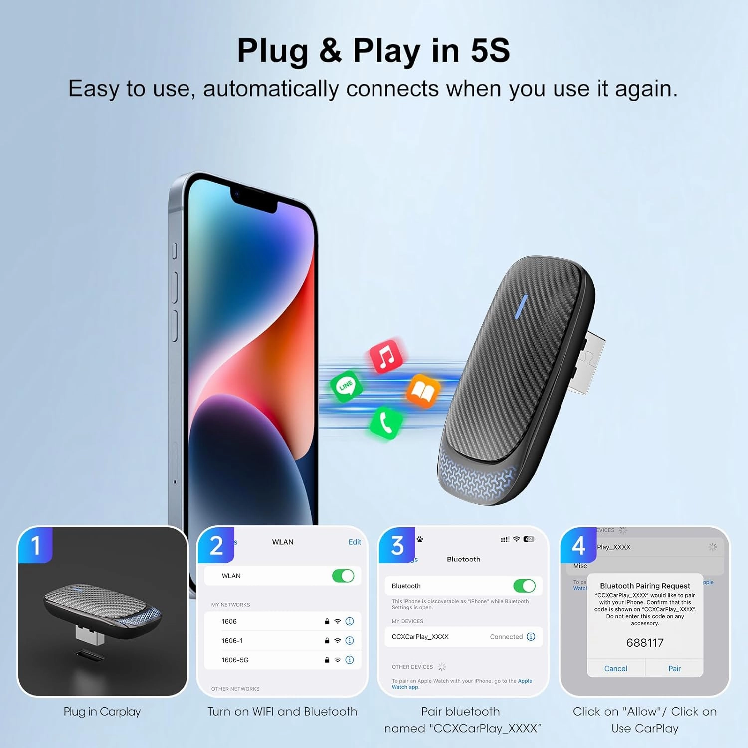 Wireless Carplay Adapter for iPhone, Convert Wired to Apple Carplay Wireless Adapter, Mini Size with Bluetooth 5.30 WiFi 2.4/5.8 GHz, Plug and Play, Connection Stable No Delay