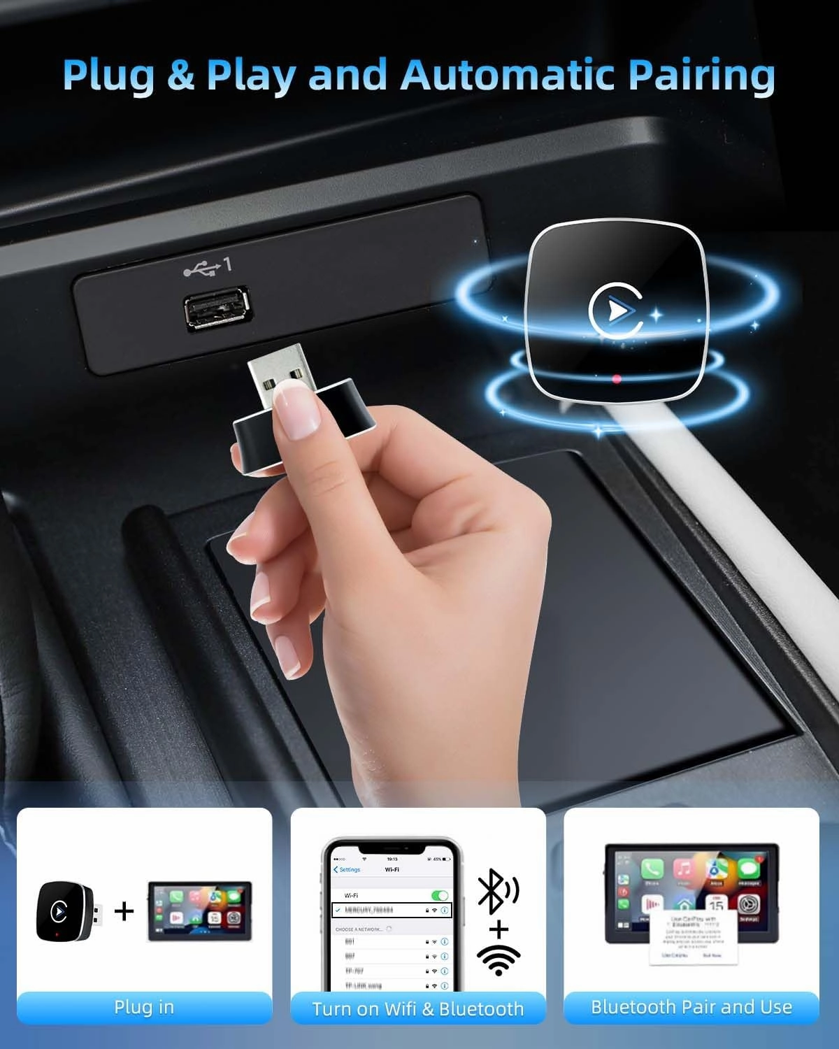 Wireless CarPlay Adapter for iPhone,Mini USB Design,2025 Upgrade Wired to Wireless for Cars with Built-in Wired for Apple CarPlay Plug and Play Fast Stable Connection Car Play for iPhone12 Above (A1)