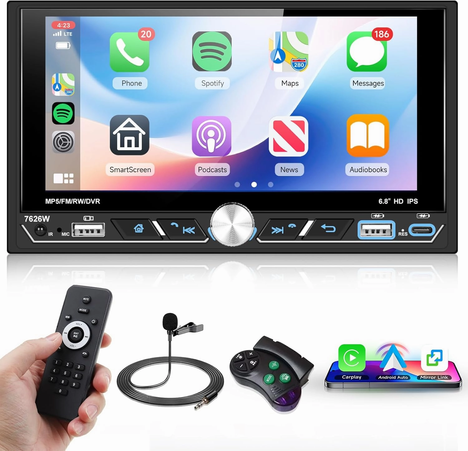 Wireless Carplay Double Din Car Stereo with Android Auto, Hodozzy 6.8 Inch IPS Touch Screen 2 Din Car Radio with Bluetooth, FM/AM/RDS Radio, Mirror Link, EQ, SWC, USB/AUX, Camera audio interface,USB interface,music recording input,