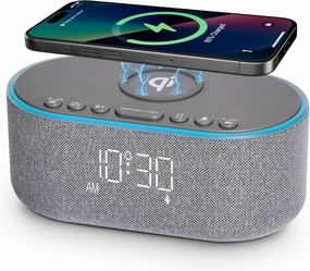 Wireless Charging Alarm Clock Radio: Qi Certified Fast Wireless Charger for iPhone Samsung - 10W Stereo Bluetooth Speaker - Dimmable Digital Clock with FM Radio for Bedroom Gray wireless speakers,portable Bluetooth speaker,multiroom speaker,