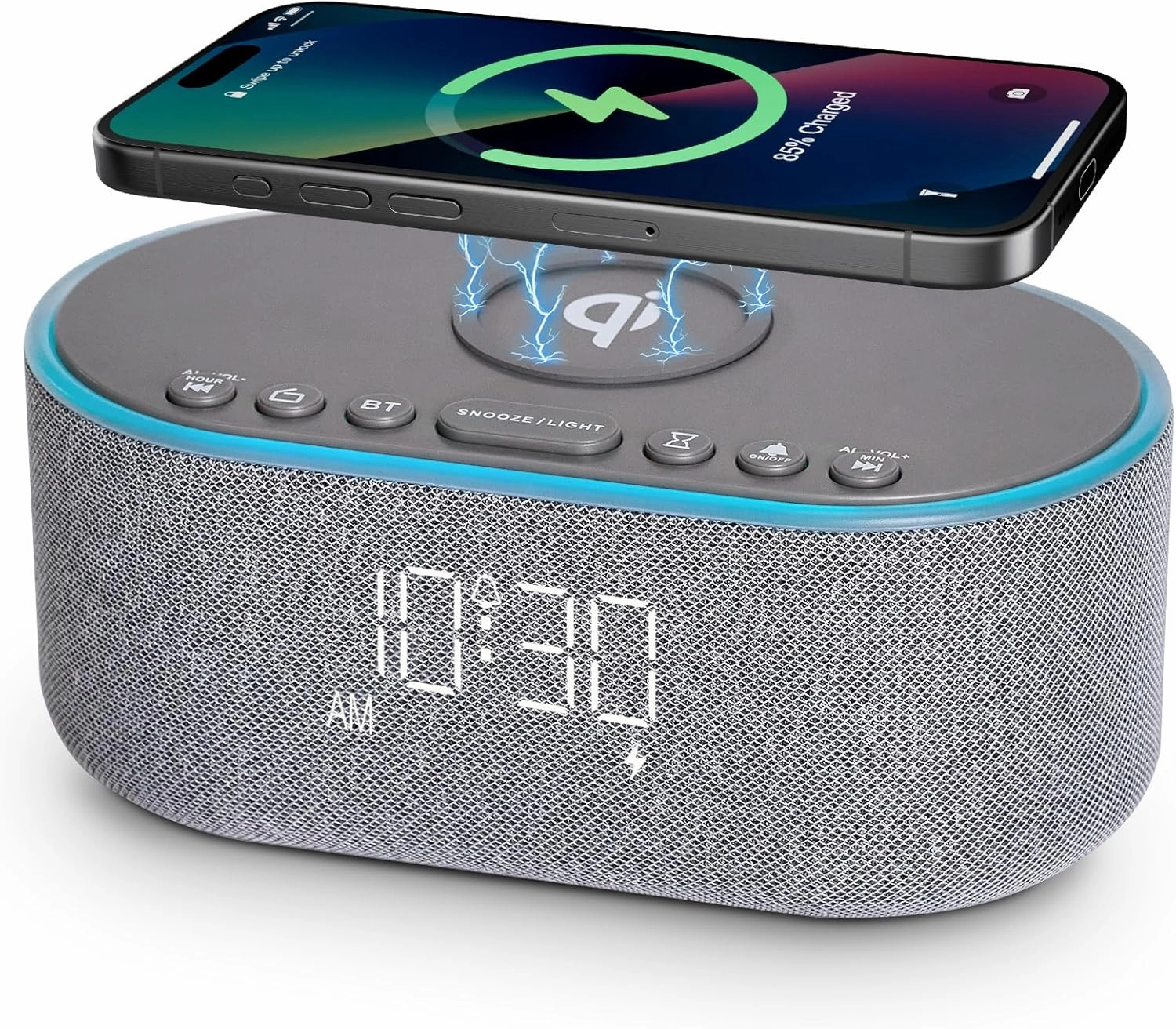 Wireless Charging Alarm Clock Radio: Qi Certified Fast Wireless Charger for iPhone Samsung - 10W Stereo Bluetooth Speaker - Dimmable Digital Clock with FM Radio for Bedroom Gray floorstanding speakers,tower speakers,stereo floor speakers,