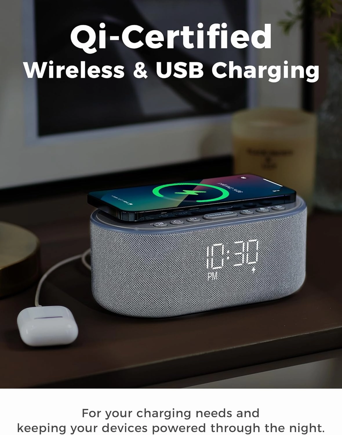 Wireless Charging Alarm Clock Radio: Qi Certified Fast Wireless Charger for iPhone Samsung - 10W Stereo Bluetooth Speaker - Dimmable Digital Clock with FM Radio for Bedroom Gray