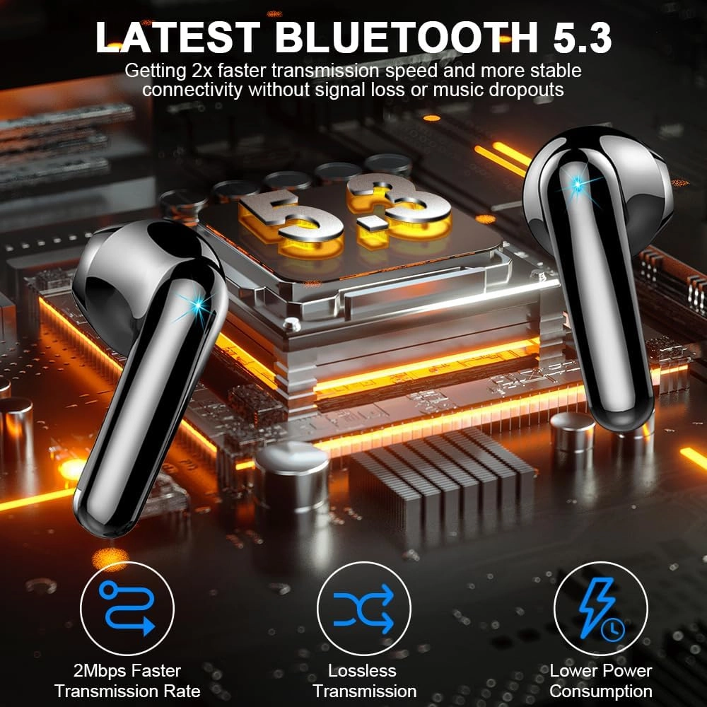 Wireless Earbud Bluetooth 5.3 Headphones 50H Playtime Stereo Bass Ear Buds, in-Ear Earphones with 4 ENC Mic LED Display Noise Cancelling Earbud, Bluetooth Ear Bud IP7 Waterproof Sport for Android iOS