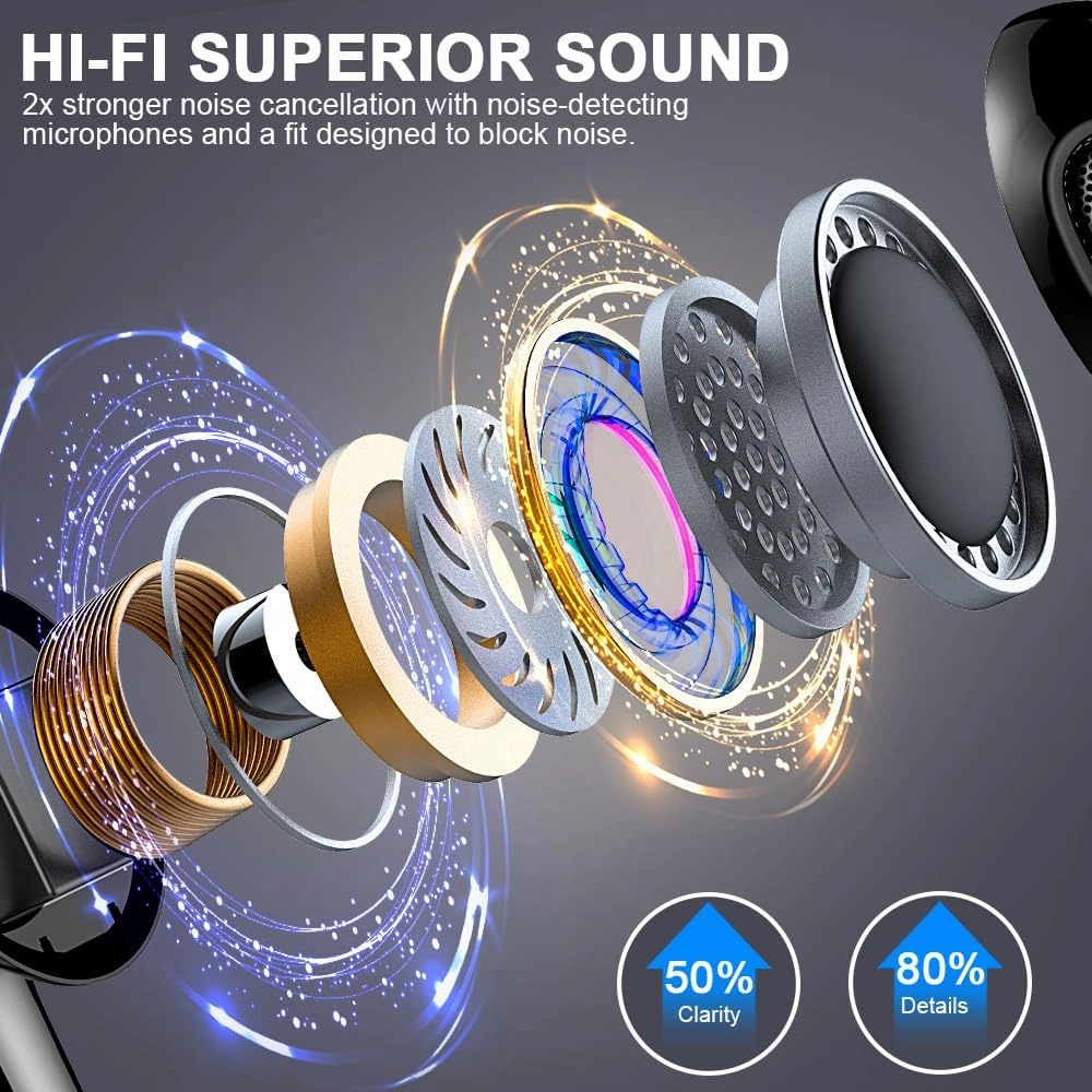 Wireless Earbud Bluetooth 5.3 Headphones 50H Playtime Stereo Bass Ear Buds, in-Ear Earphones with 4 ENC Mic LED Display Noise Cancelling Earbud, Bluetooth Ear Bud IP7 Waterproof Sport for Android iOS