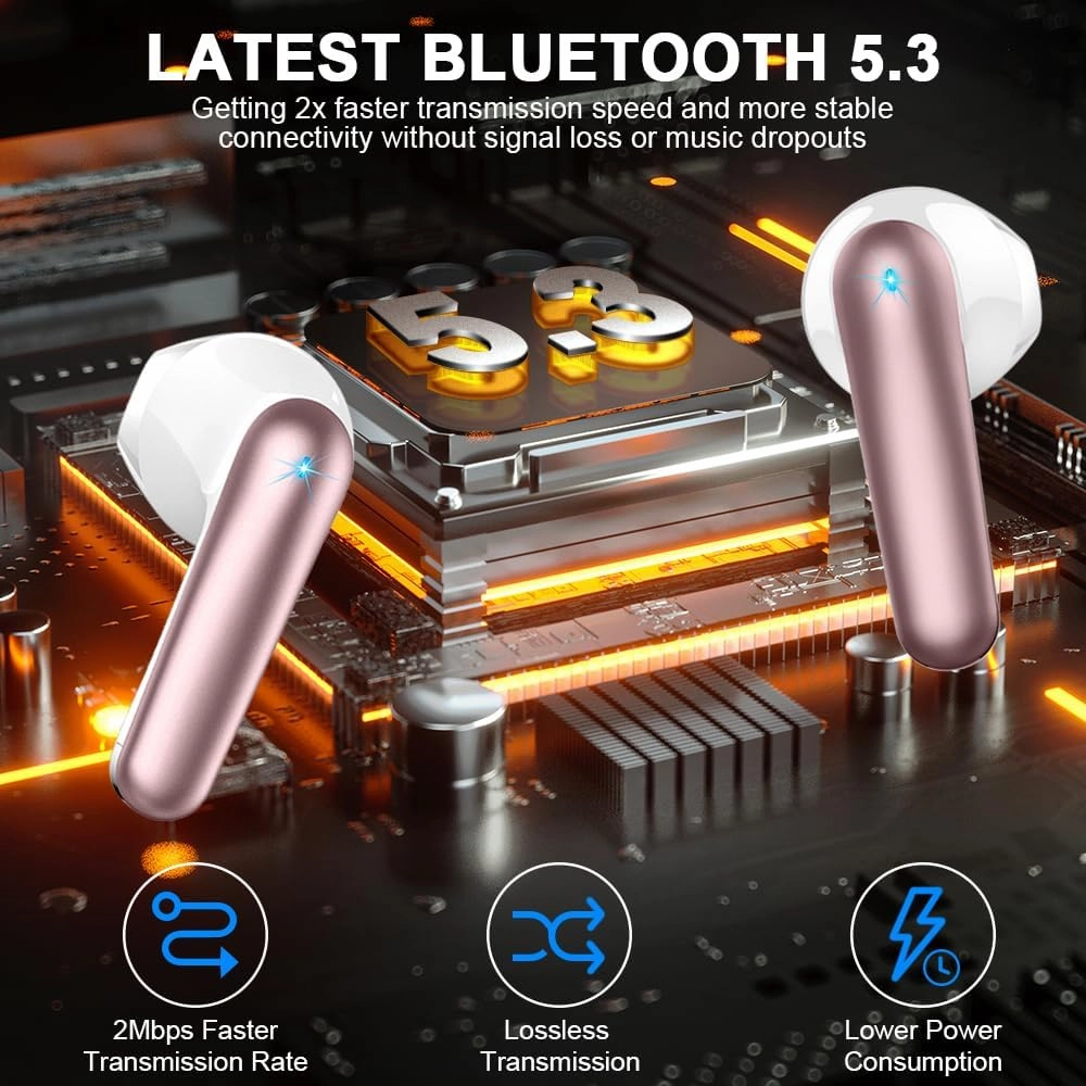 Wireless Earbud Bluetooth 5.3 Headphones 50H Playtime Stereo Bass Ear Buds, in-Ear Earphones with 4 ENC Mic LED Display Noise Cancelling Earbud, Bluetooth Ear Bud IP7 Waterproof Sport for Android iOS