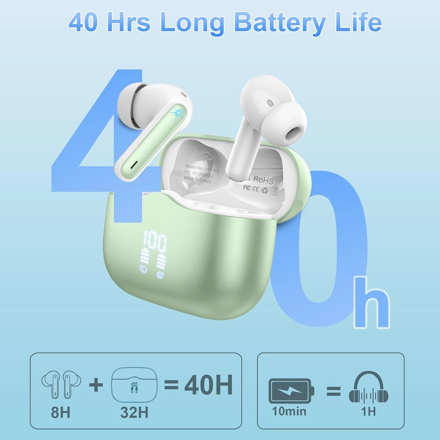 Wireless Earbud, Bluetooth 5.3 Headphones Deep Bass with 4 HD Mics, Wireless Headphones in Ear 40H Playtime, Bluetooth Earphones with Light Weight, IP7 Waterproof Ear Buds for Android IOS, Green