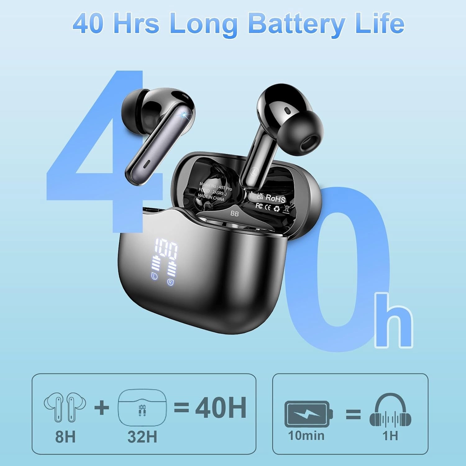 Wireless Earbud, Bluetooth 5.3 Headphones HIFI Immersive Sound with 4 HD Microphone, 40H Playtime, IP7 Waterproof, Easy Control Earphones with Light Weight USB-C Charging Case for Android IOS Workout